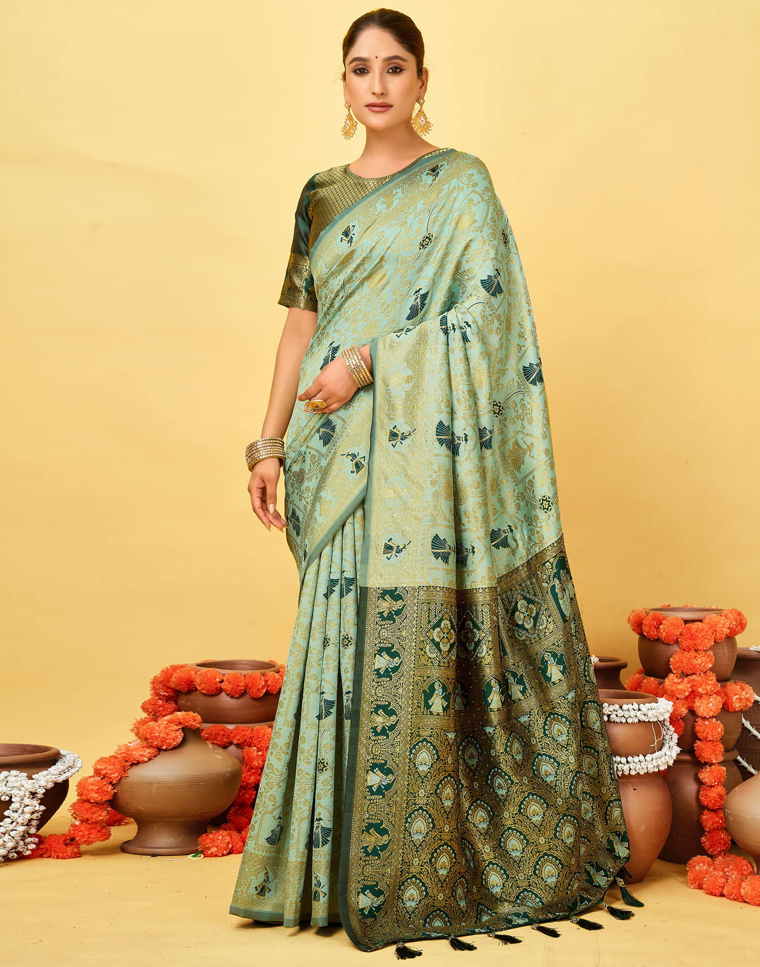 Light Mint Green Silk Woven Baluchari Saree