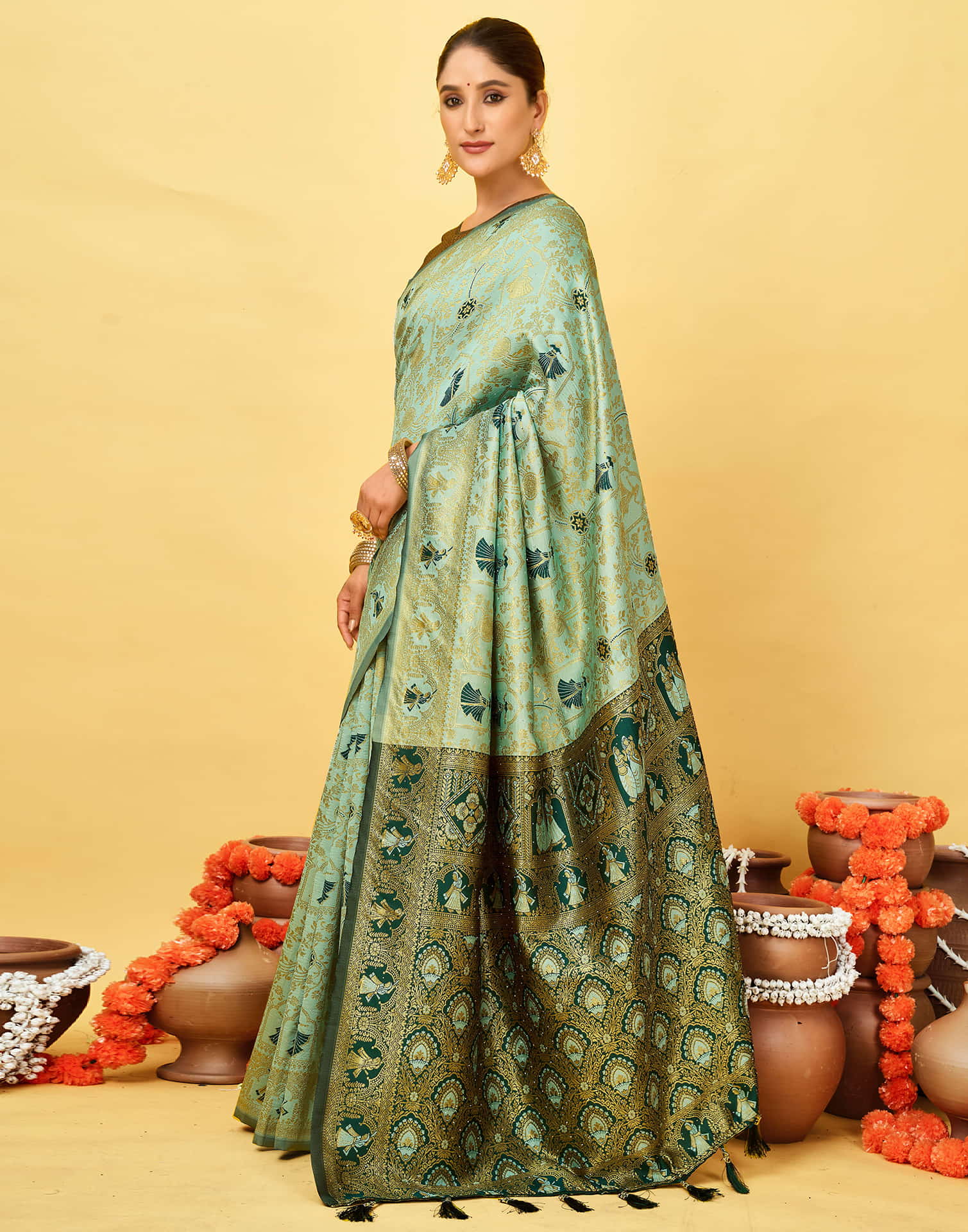 Light Mint Green Silk Woven Baluchari Saree