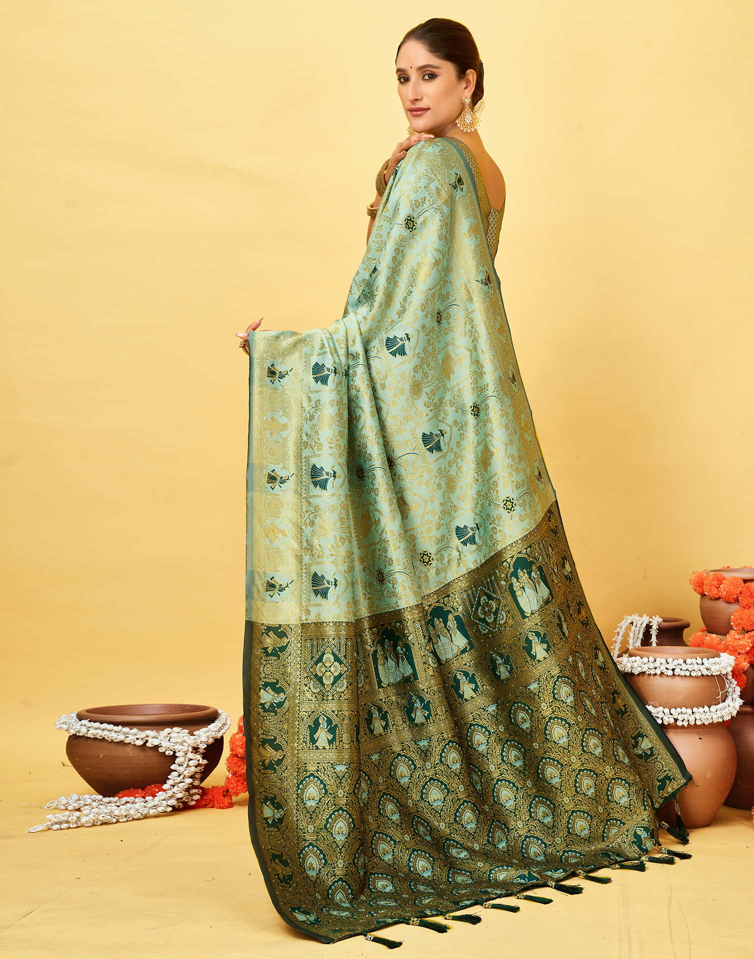 Light Mint Green Silk Woven Baluchari Saree