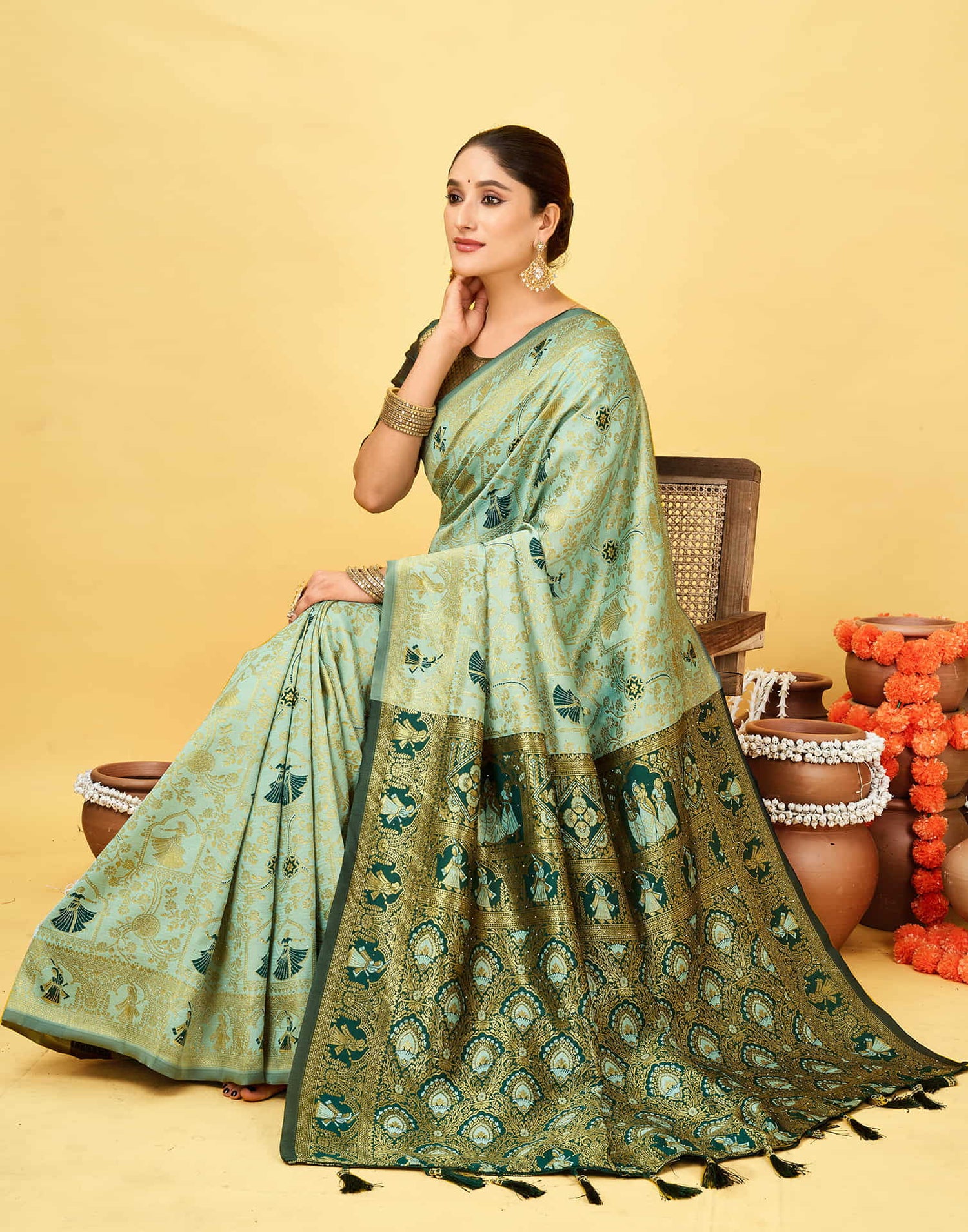 Light Mint Green Silk Woven Baluchari Saree