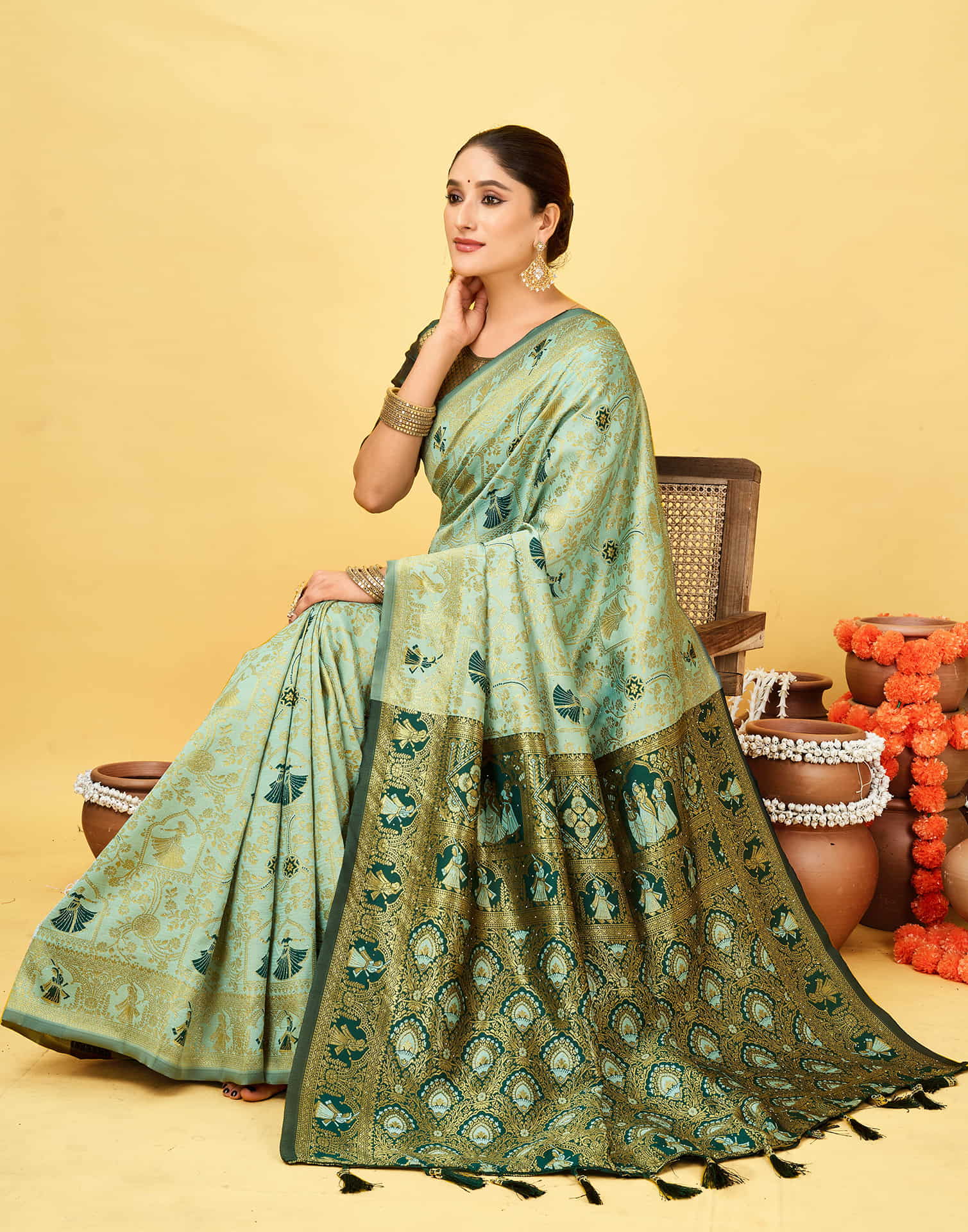 Light Mint Green Silk Woven Baluchari Saree
