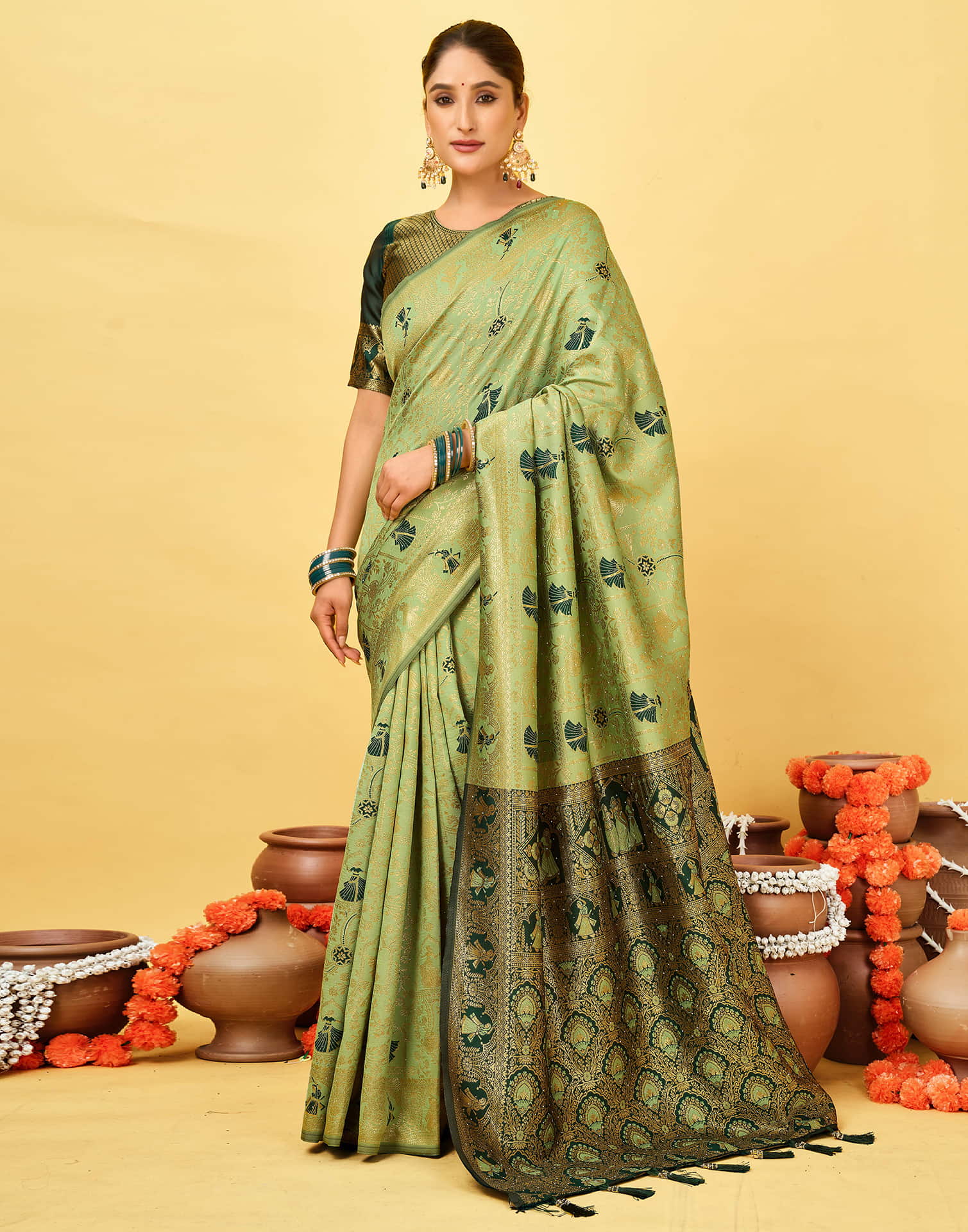 Pista Green Silk Woven Baluchari Saree
