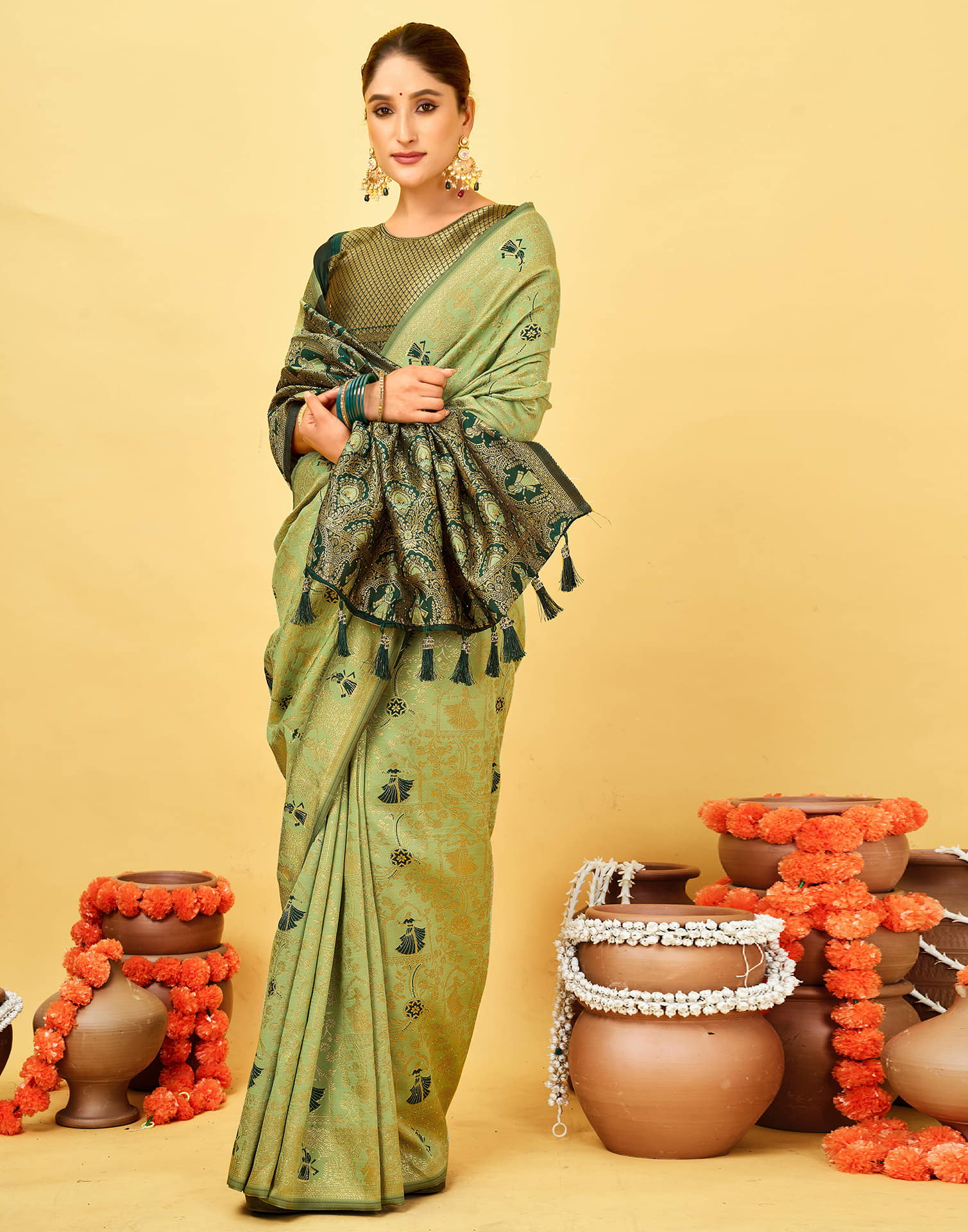 Pista Green Silk Woven Baluchari Saree