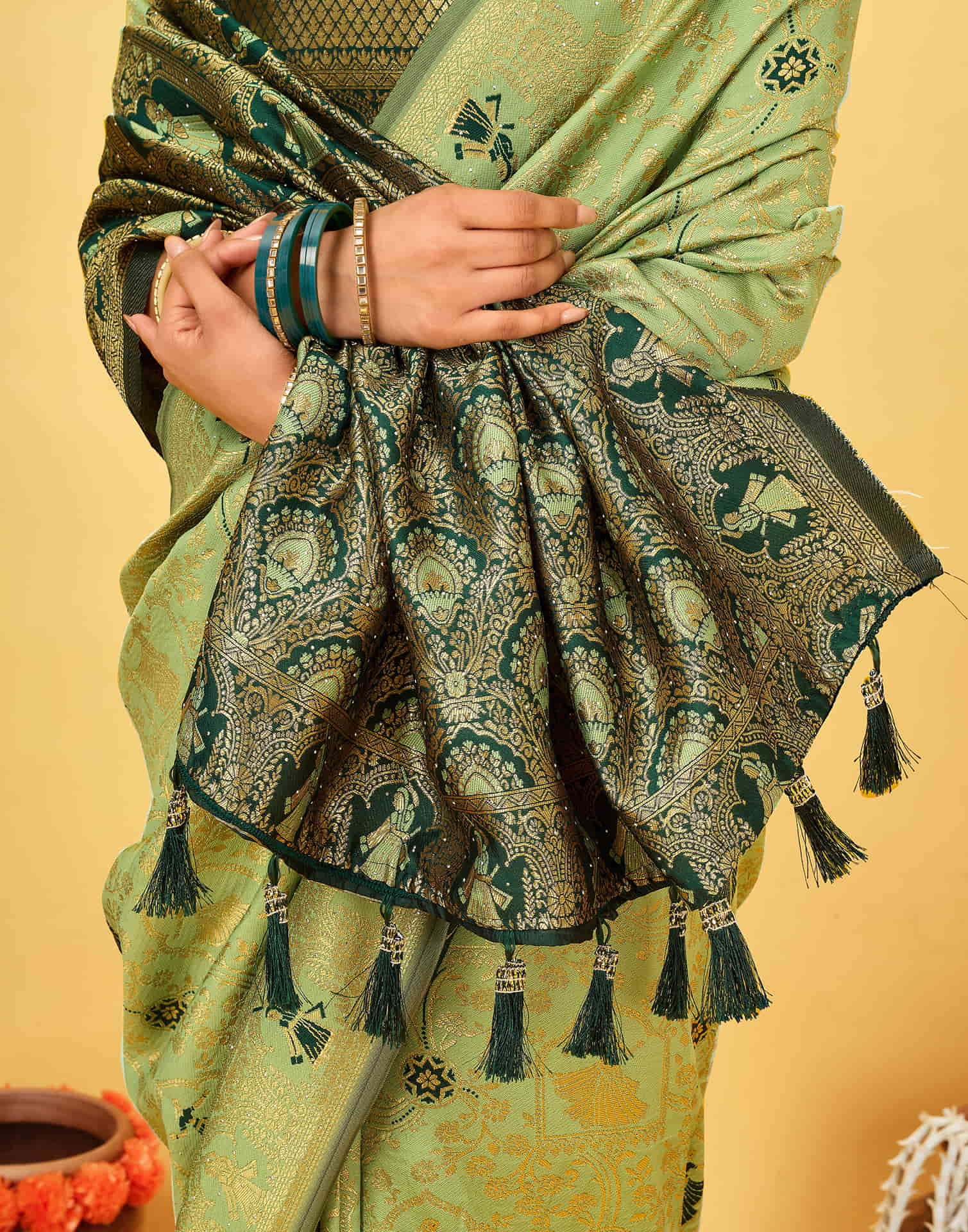 Pista Green Silk Woven Baluchari Saree
