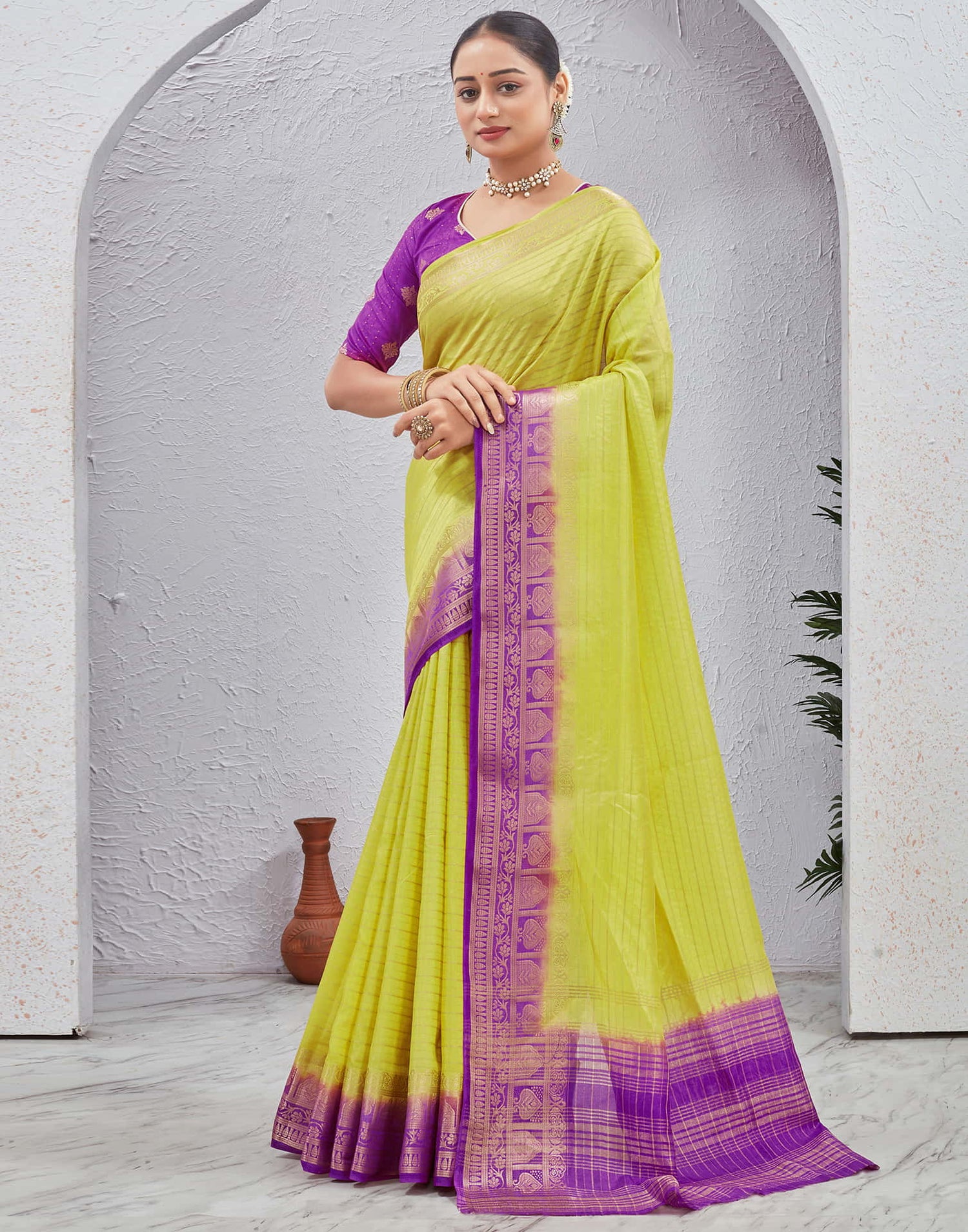 Lime Green Silk Woven Saree