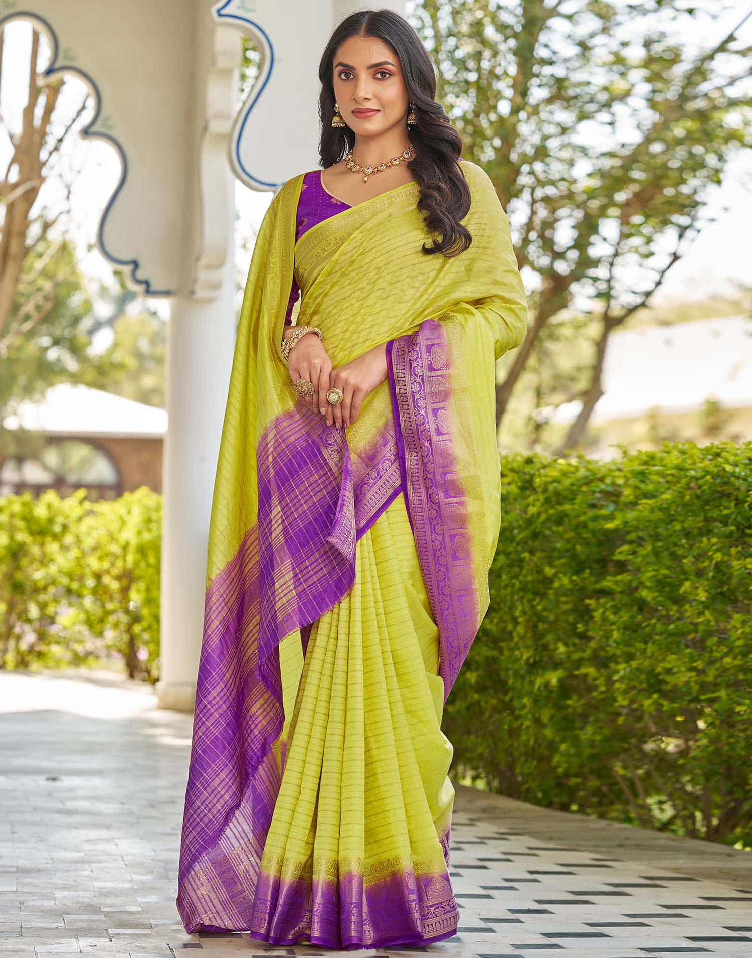 Lime Green Silk Woven Saree
