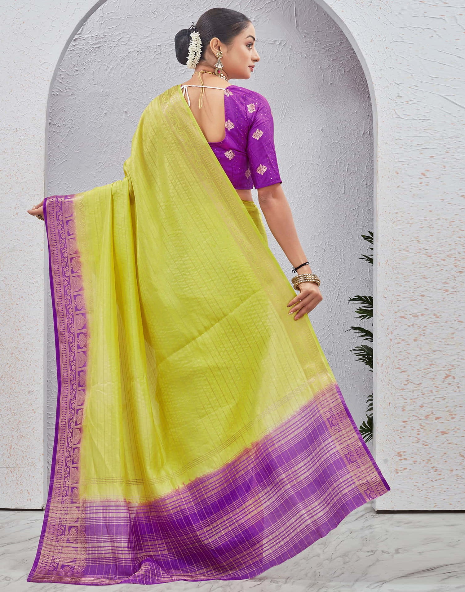 Lime Green Silk Woven Saree