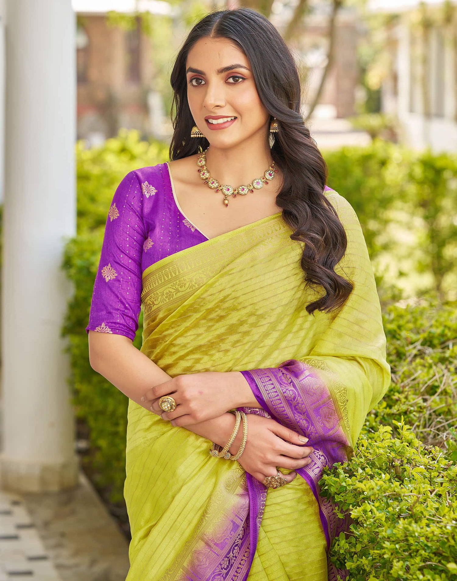 Lime Green Silk Woven Saree