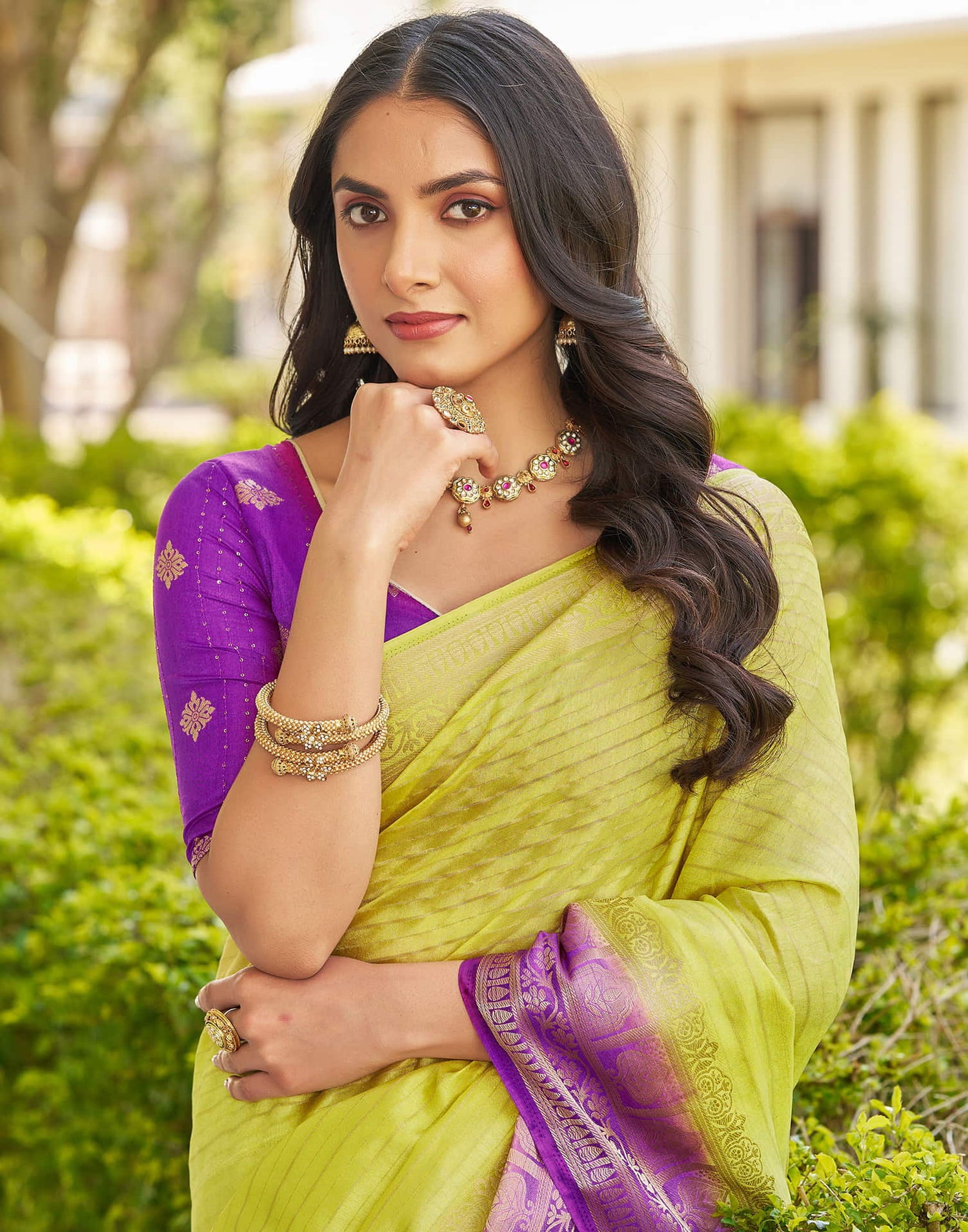 Lime Green Silk Woven Saree