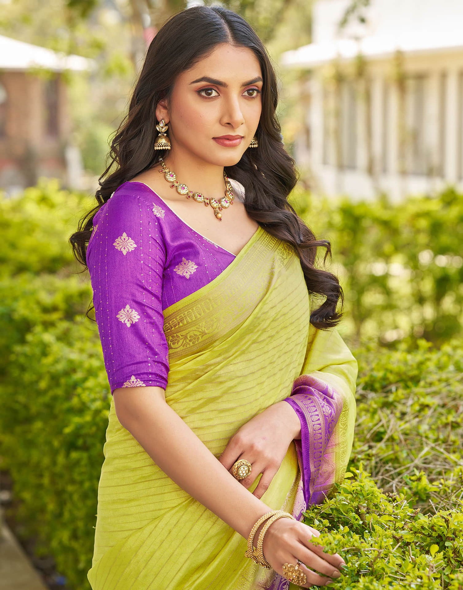 Lime Green Silk Woven Saree