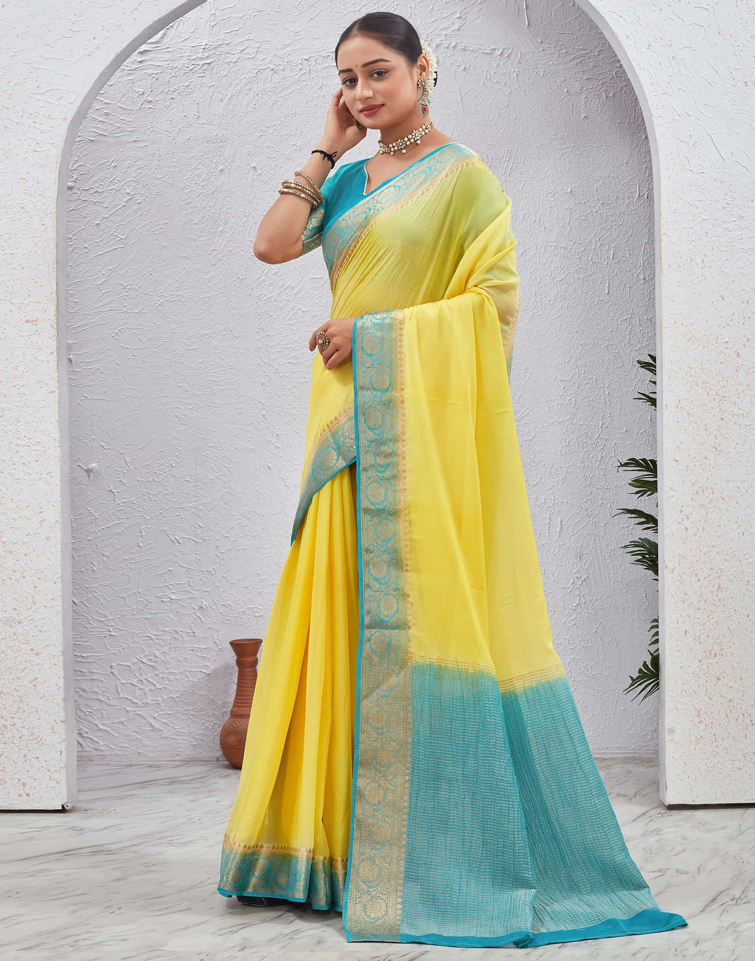 Lime Yellow Chinnon Woven Border Saree