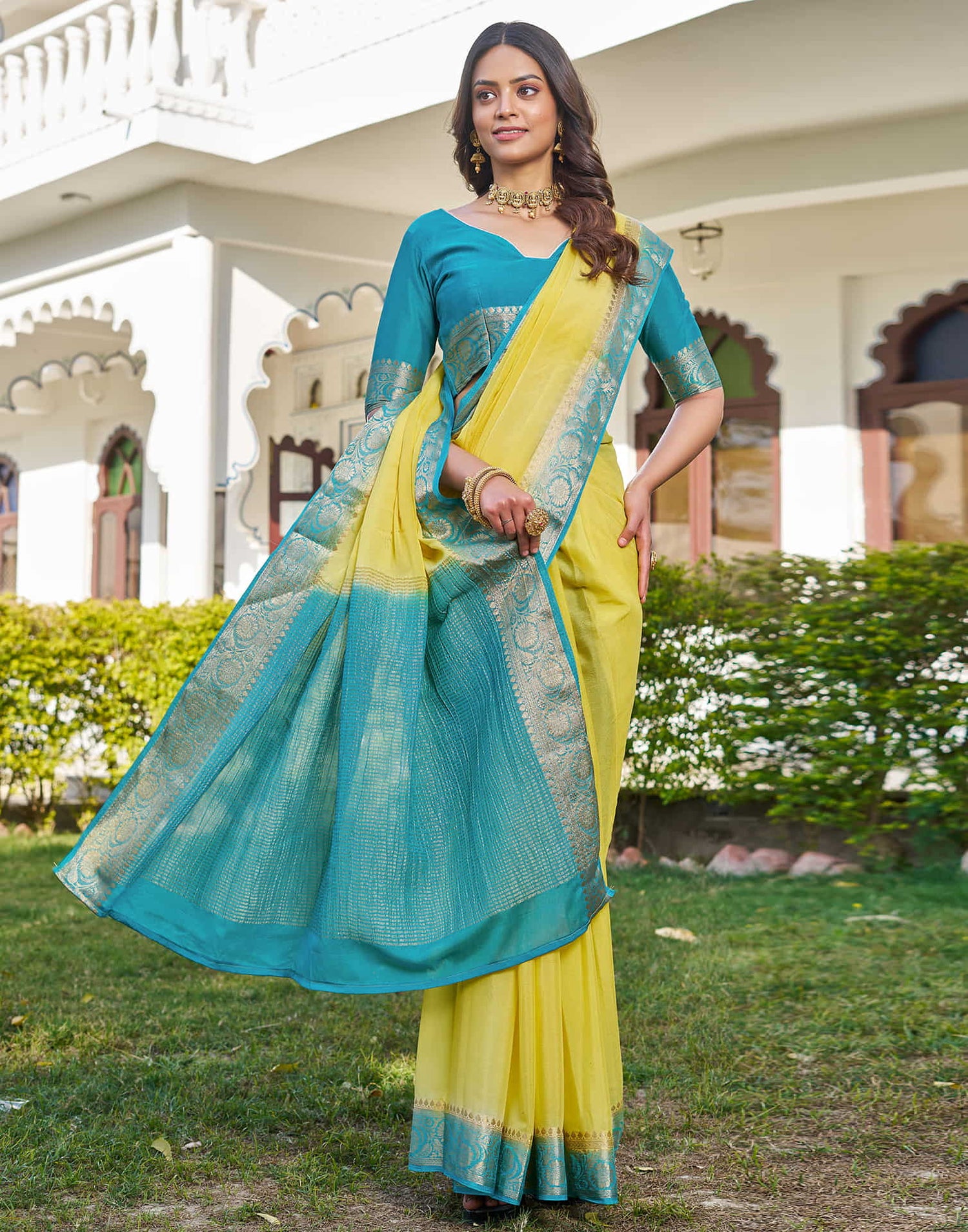 Lime Yellow Chinnon Woven Border Saree