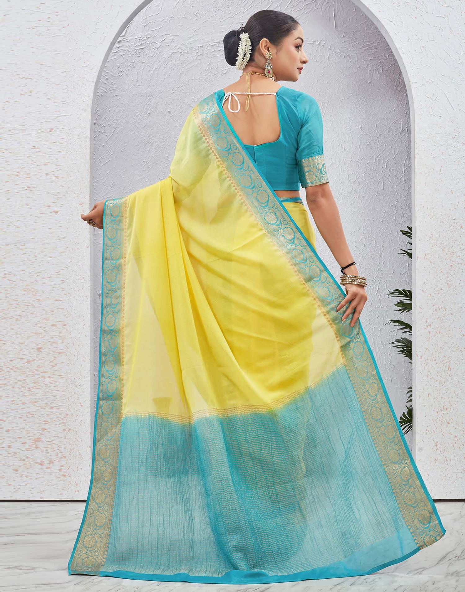 Lime Yellow Chinnon Woven Border Saree