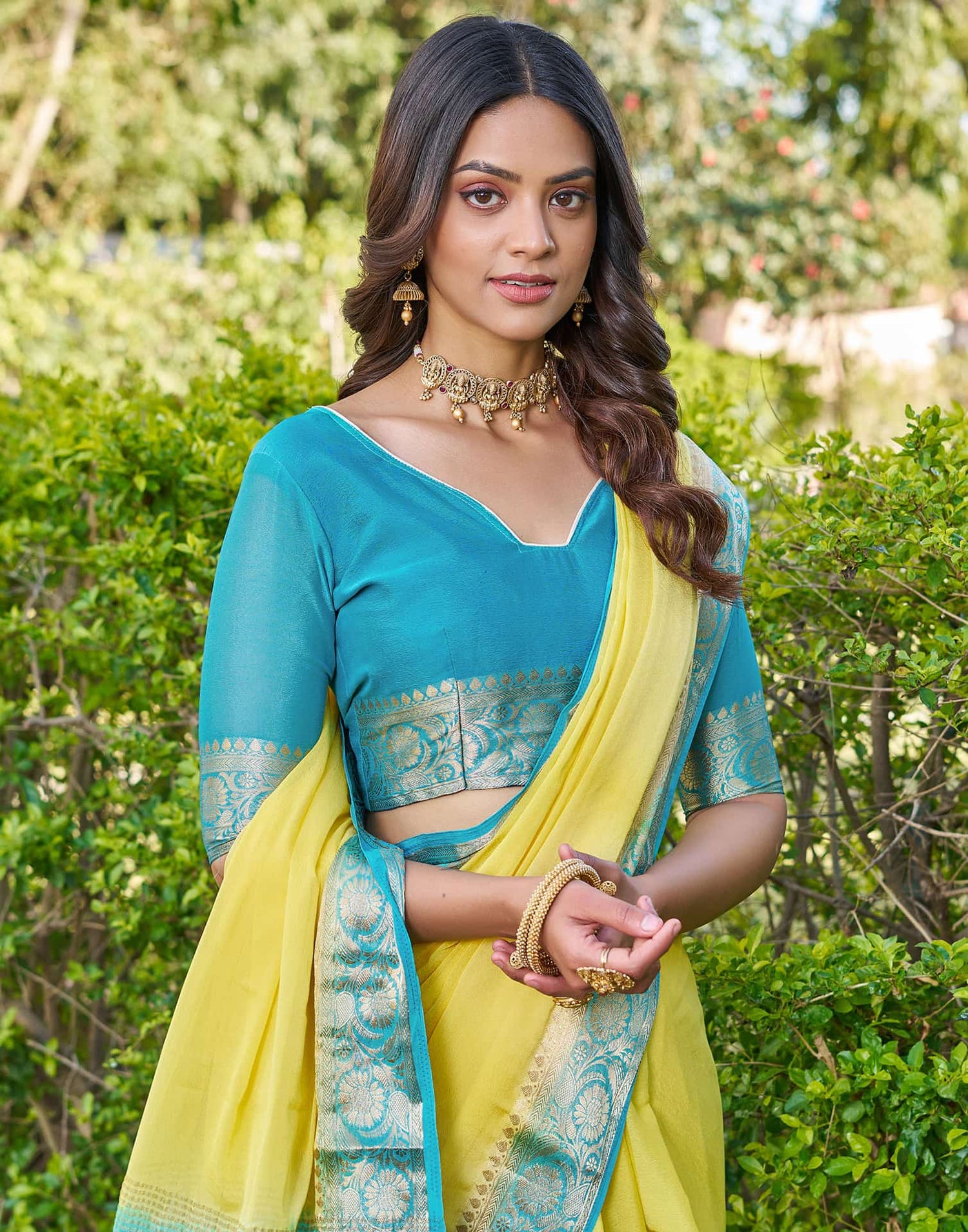 Lime Yellow Chinnon Woven Border Saree