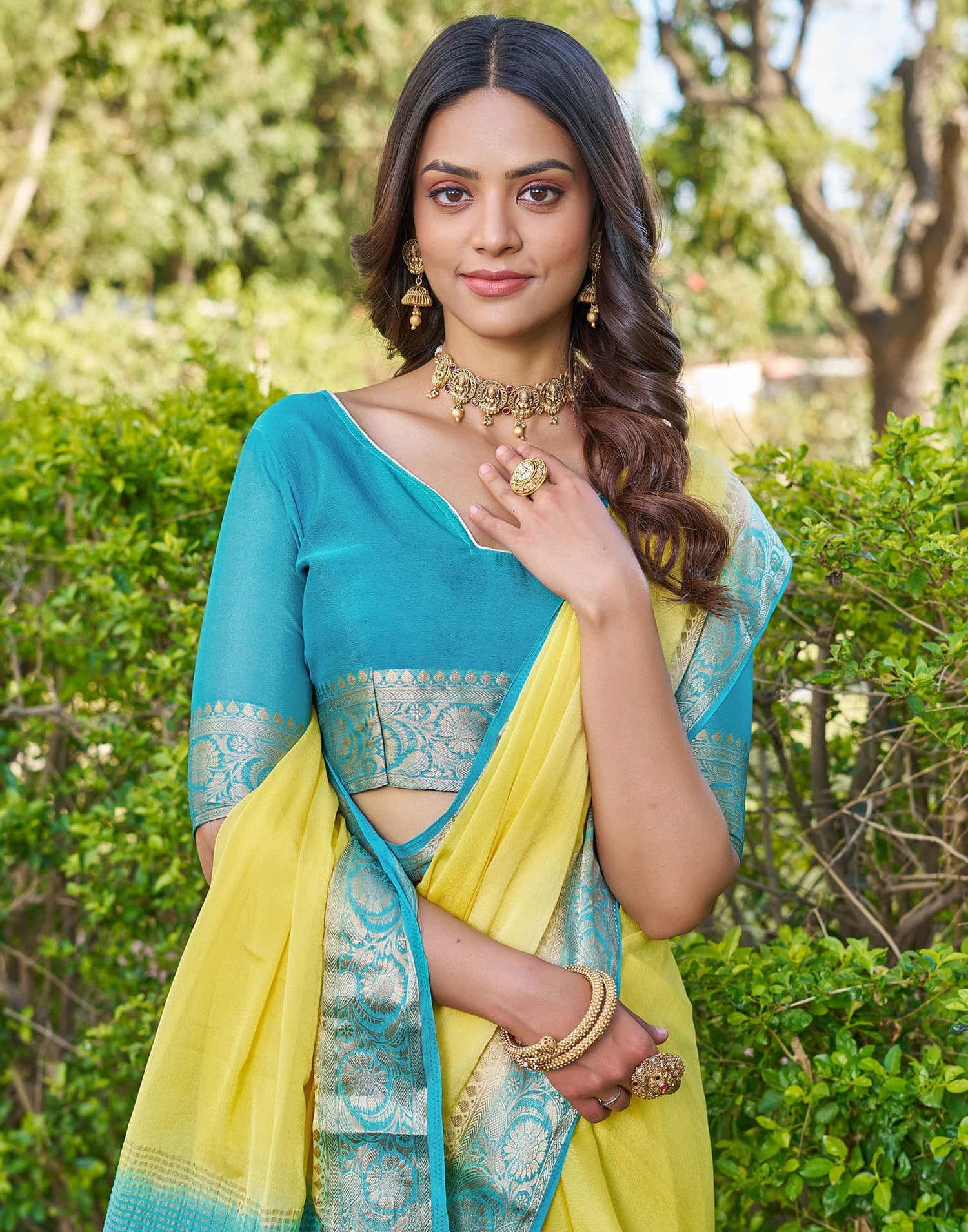 Lime Yellow Chinnon Woven Border Saree