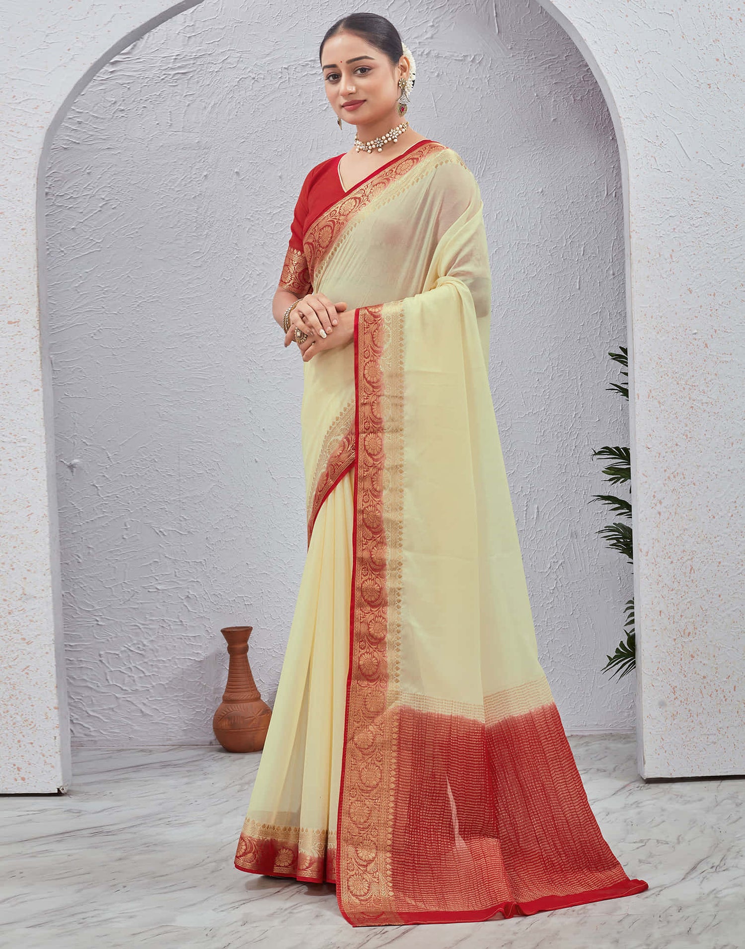 Cream Chinnon Woven Border Saree