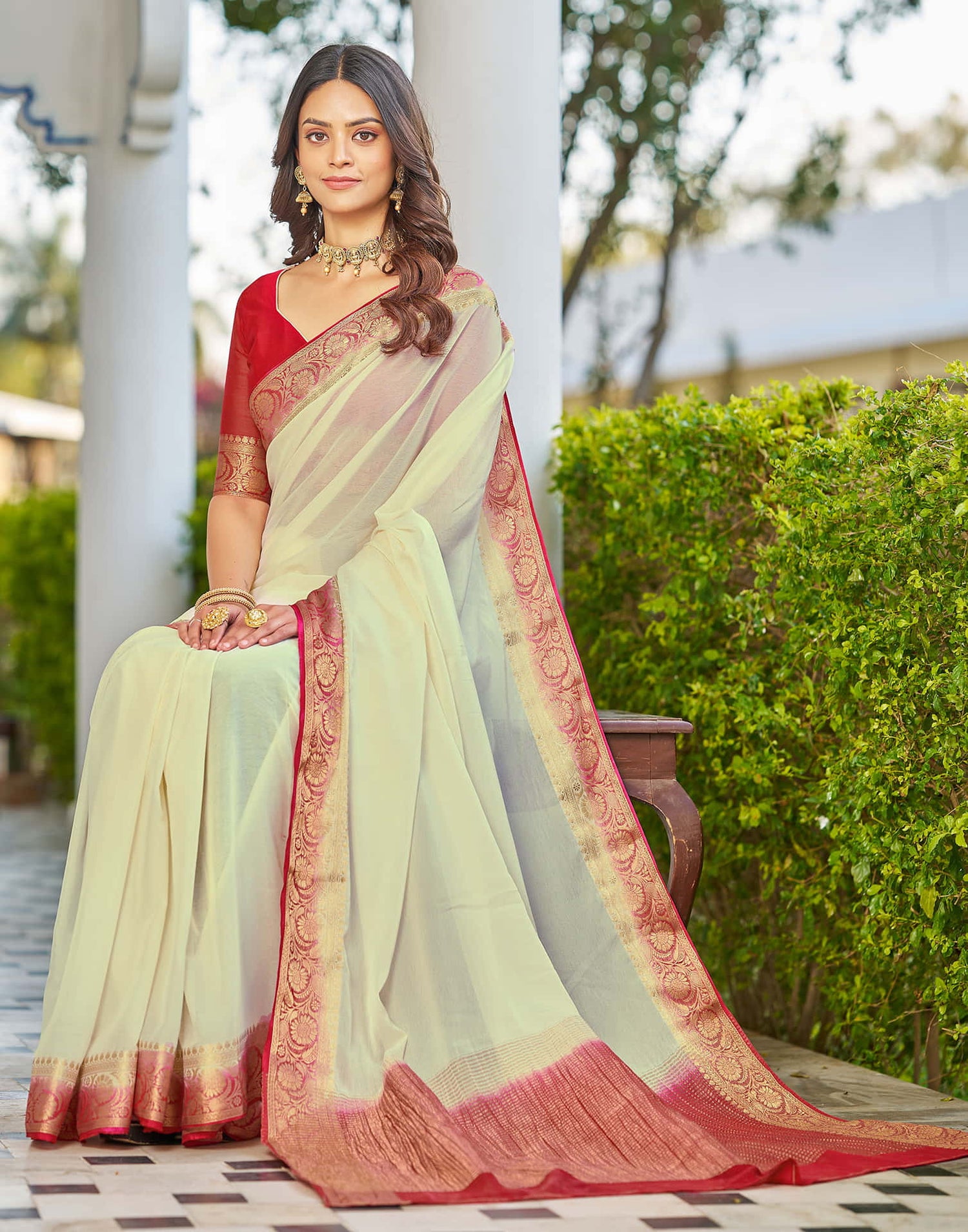 Cream Chinnon Woven Border Saree