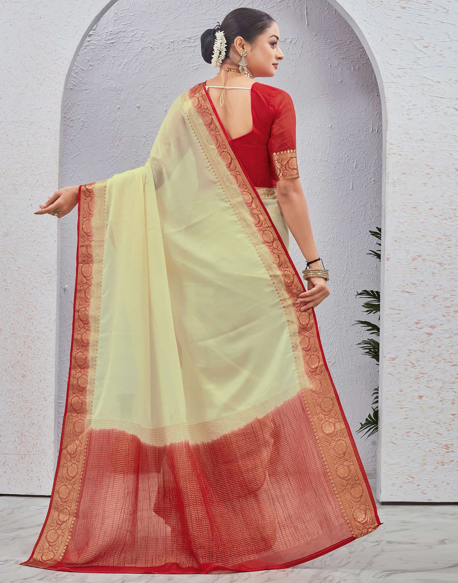 Cream Chinnon Woven Border Saree