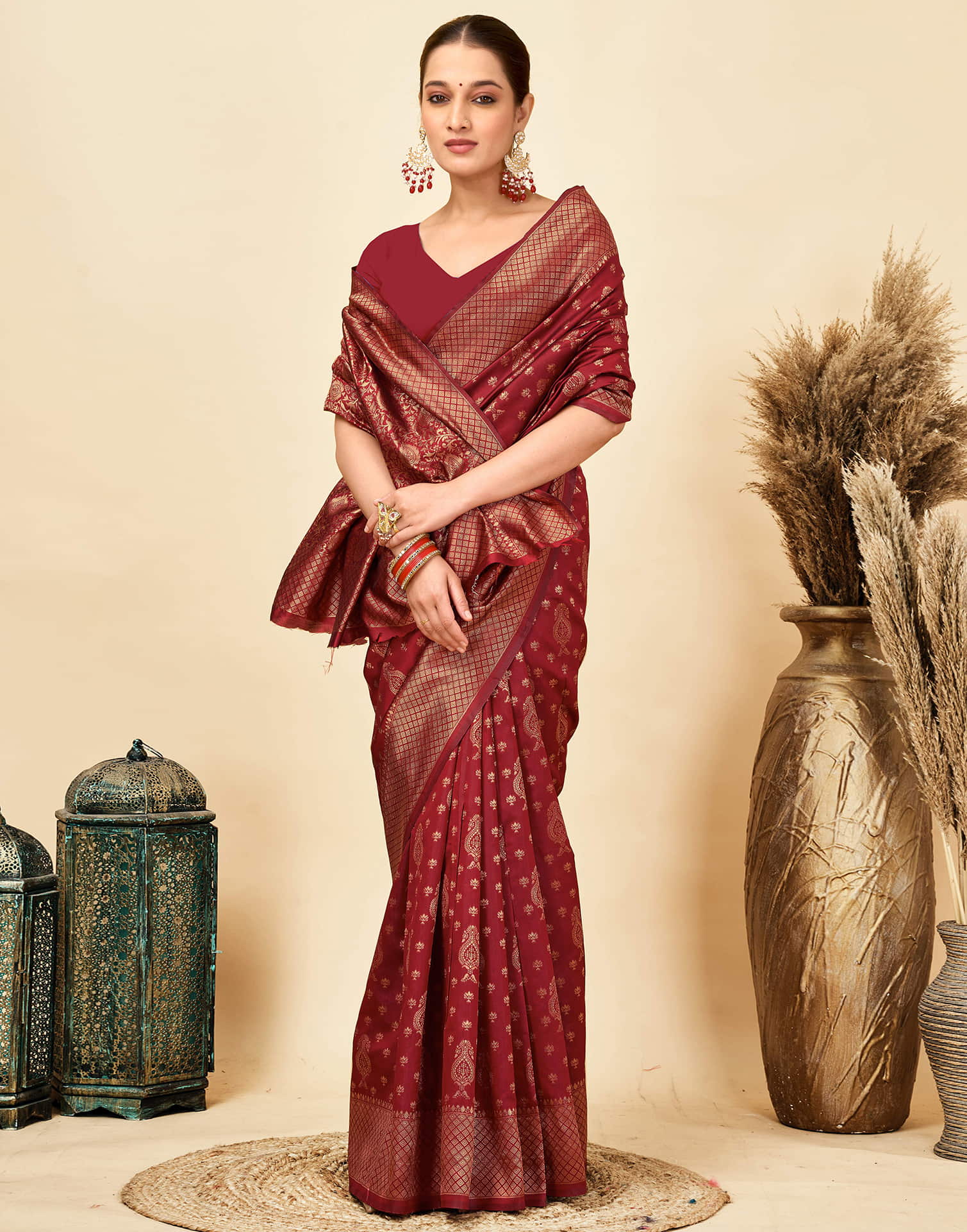 Maroon Silk Woven Banarasi Saree