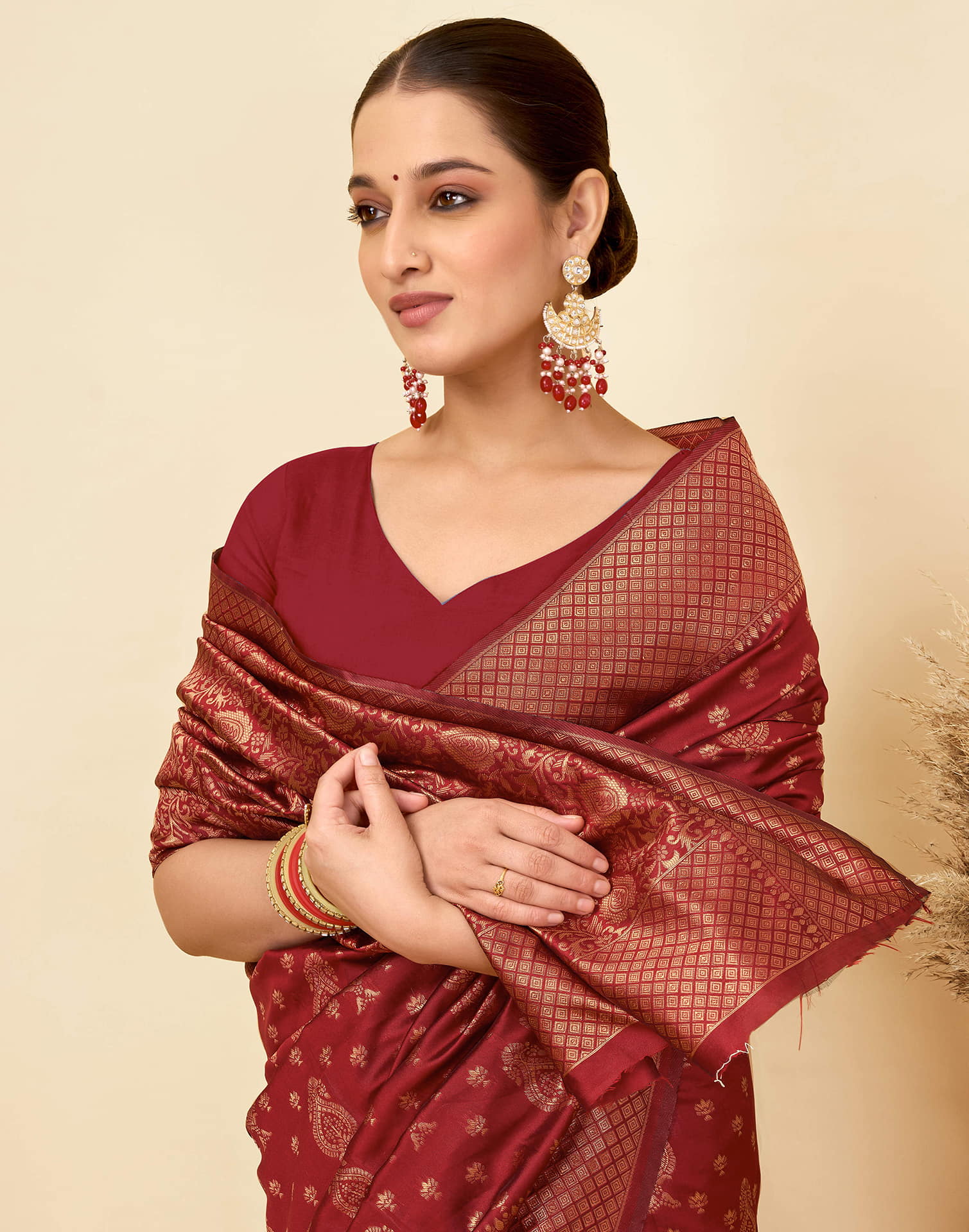 Maroon Silk Woven Banarasi Saree