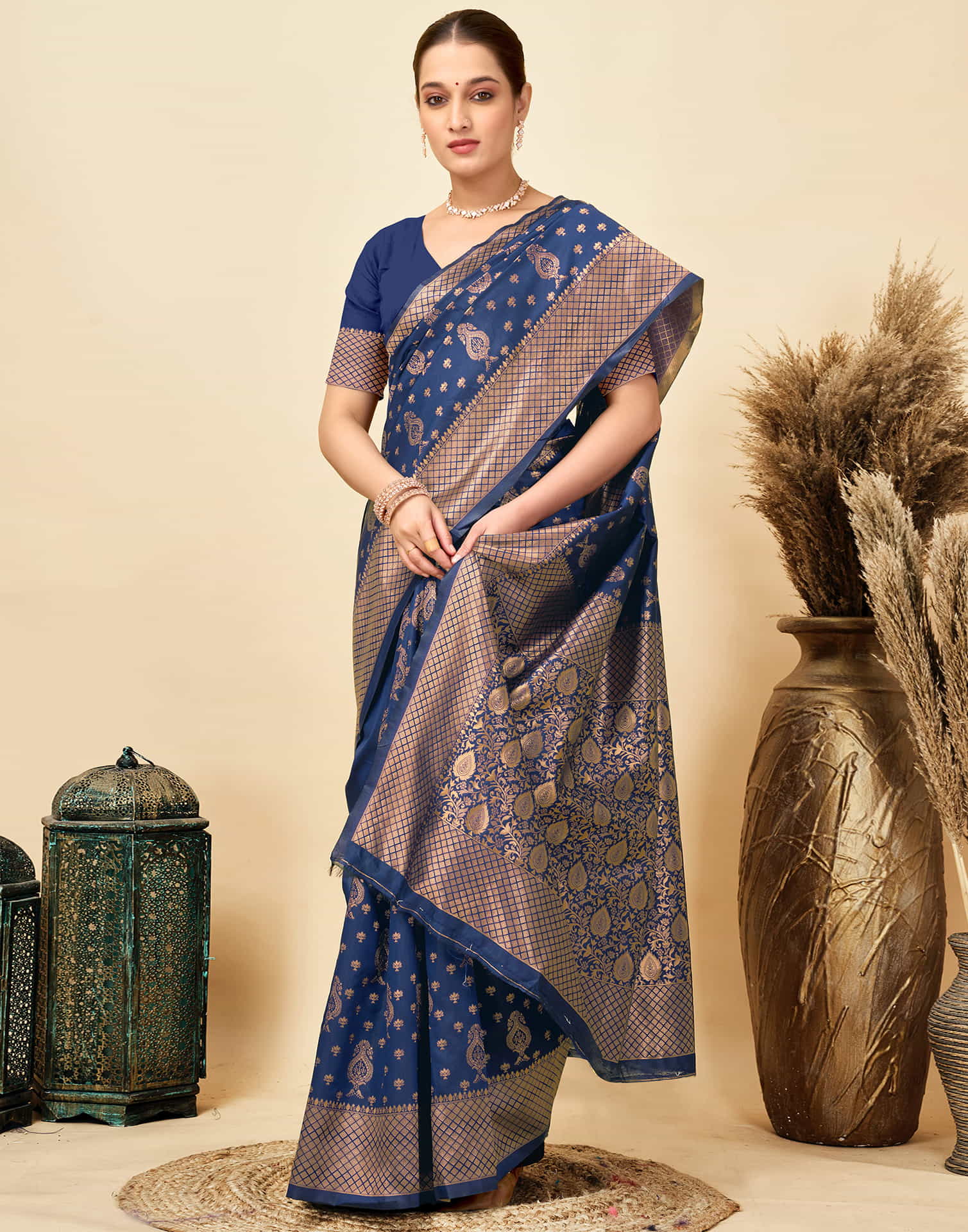 Navy Blue Silk Woven Banarasi Saree