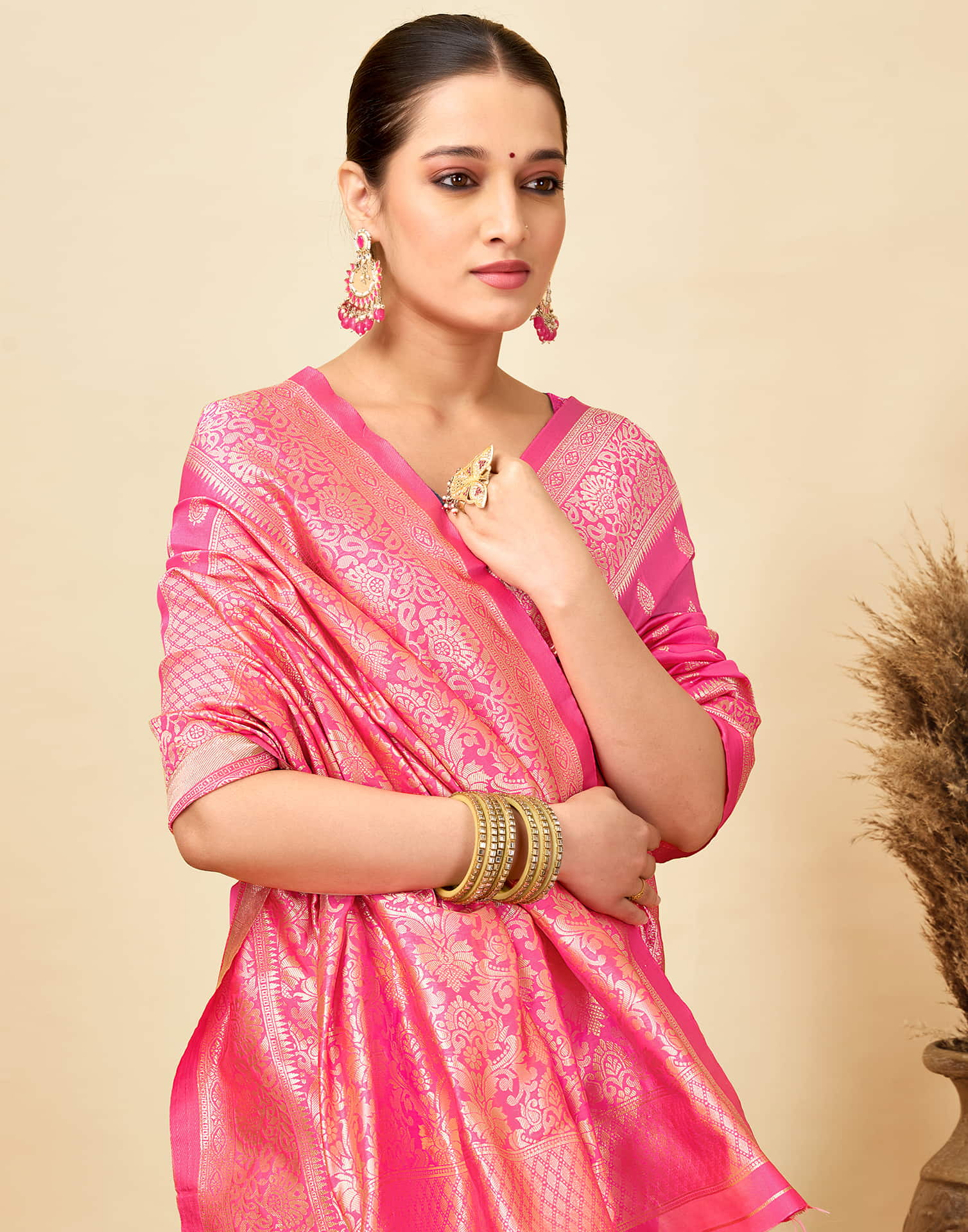 Pink Silk Woven Banarasi Saree