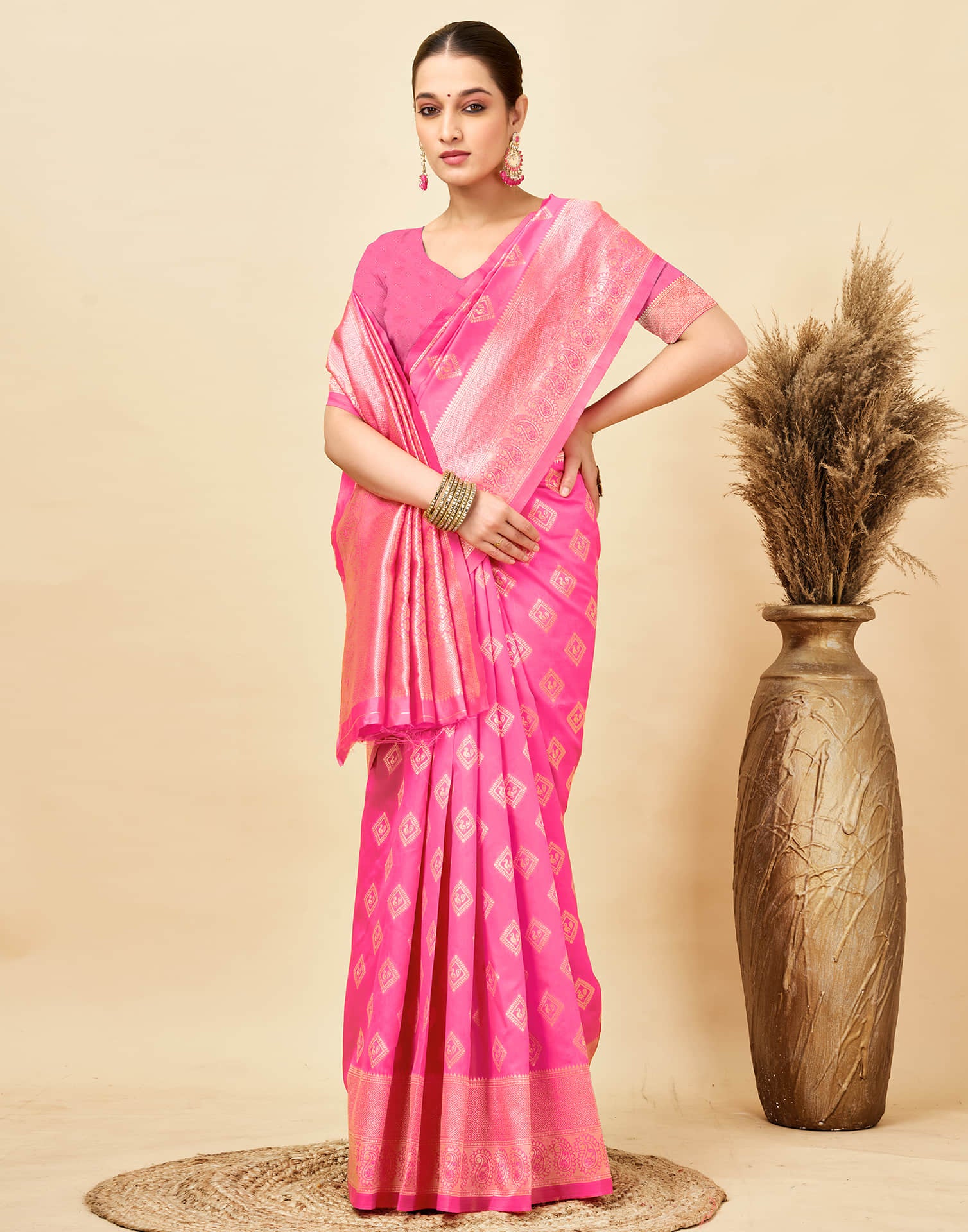 Pink Silk Woven Banarasi Saree