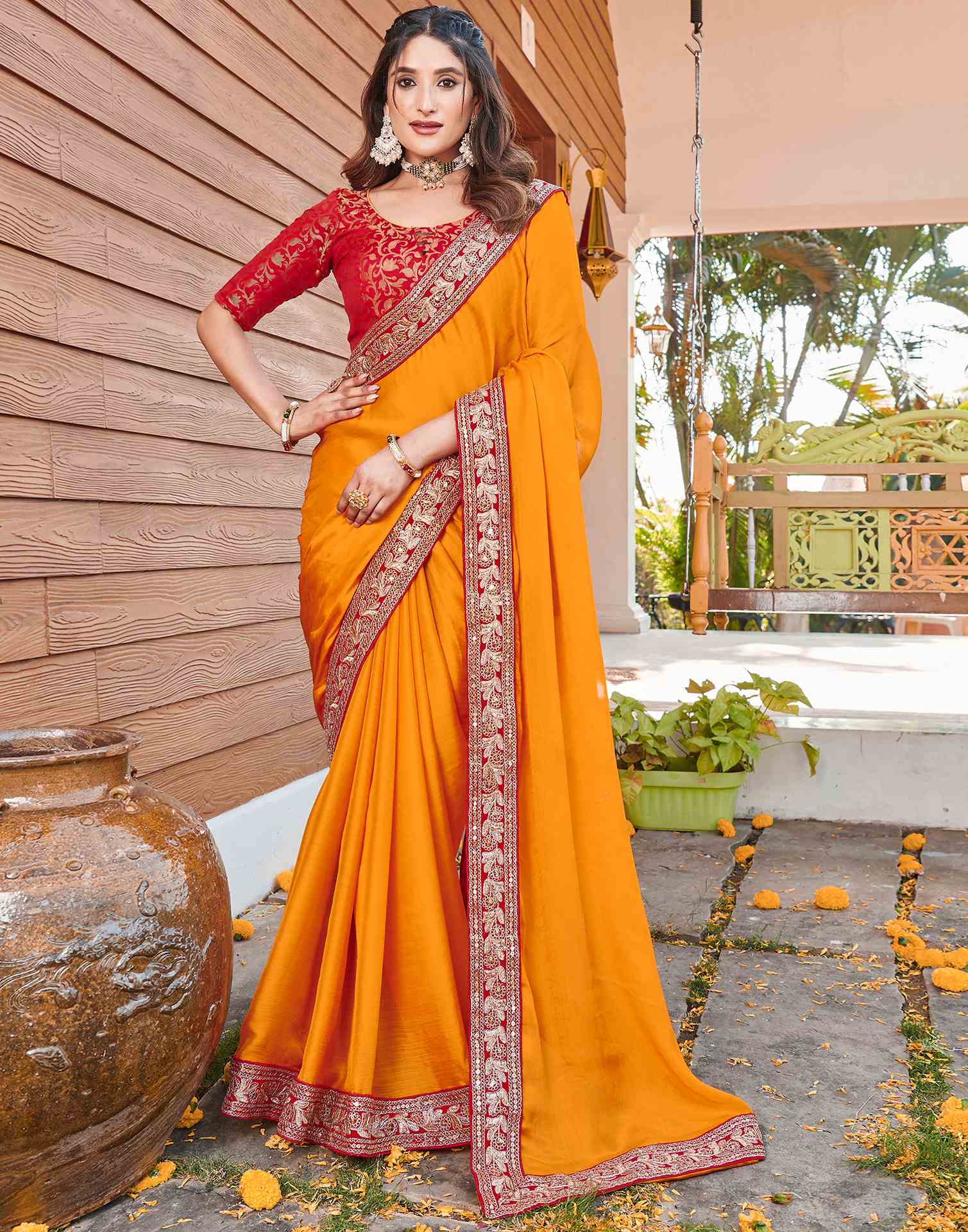 Turmeric Yellow Chiffon Sequence Embroidery Lace Solid Saree