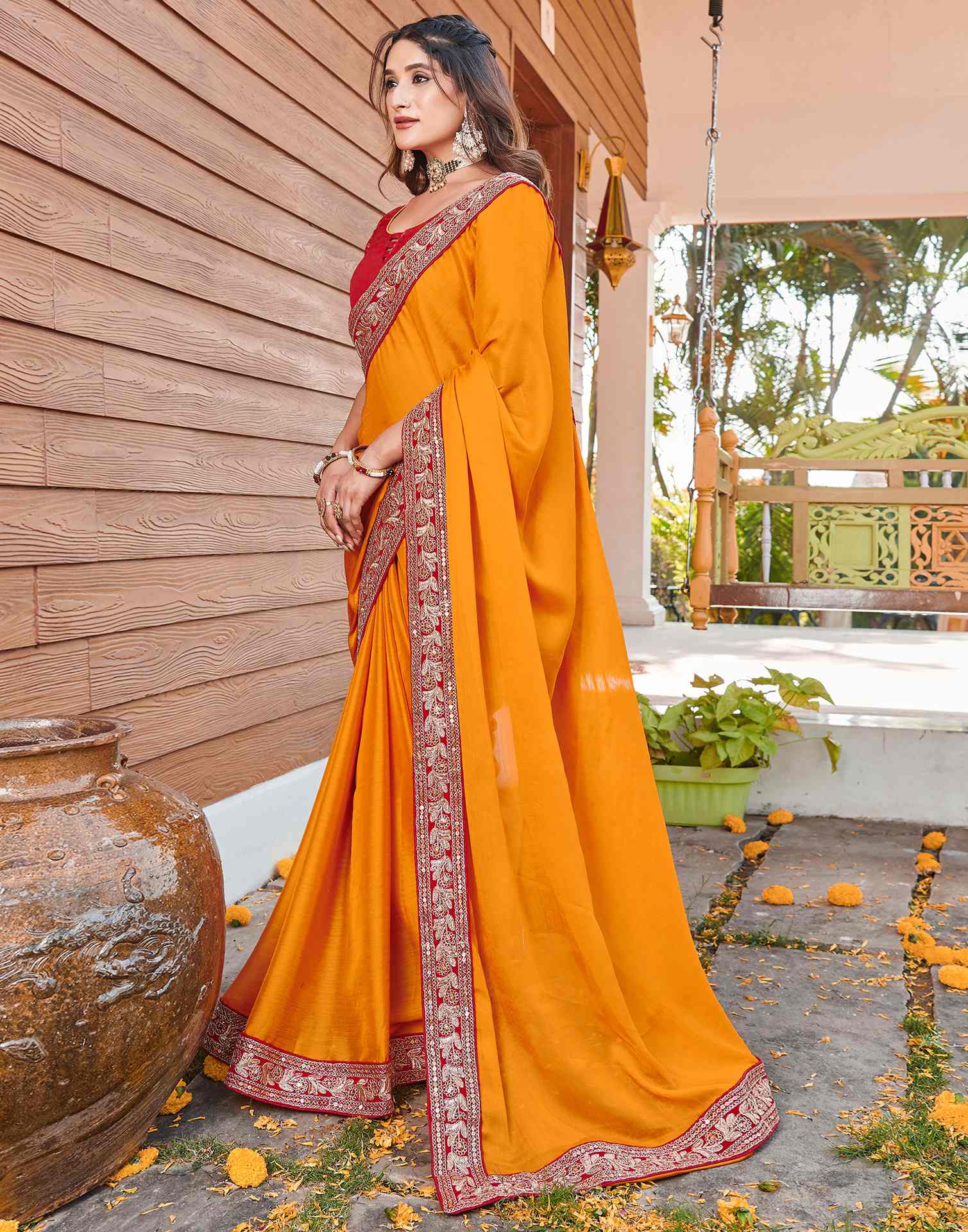 Turmeric Yellow Chiffon Sequence Embroidery Lace Solid Saree