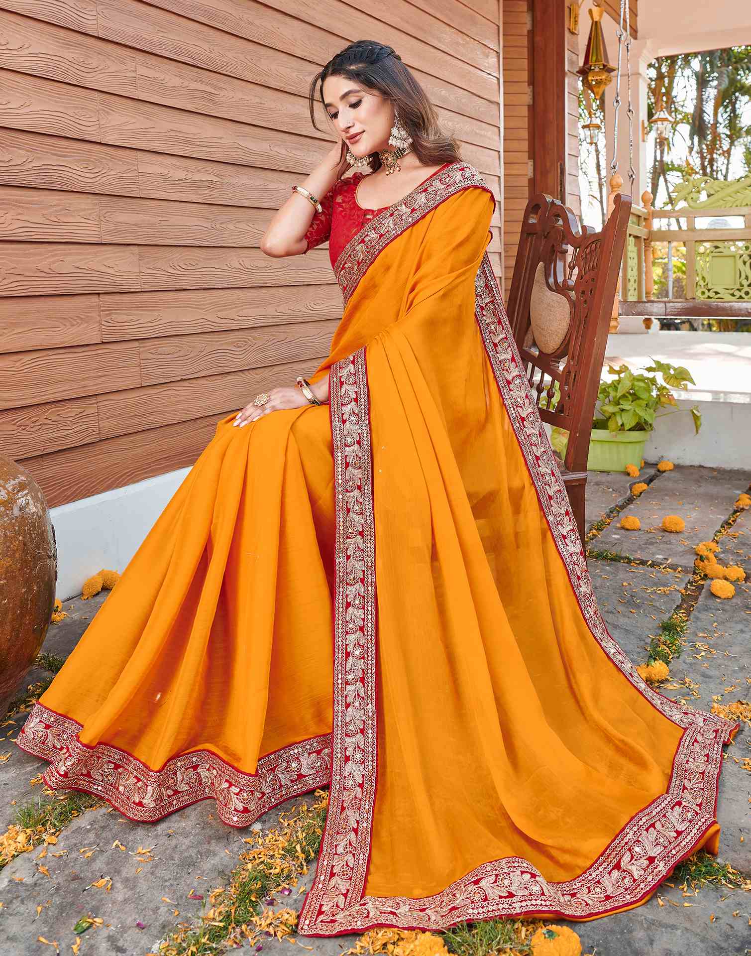Turmeric Yellow Chiffon Sequence Embroidery Lace Solid Saree