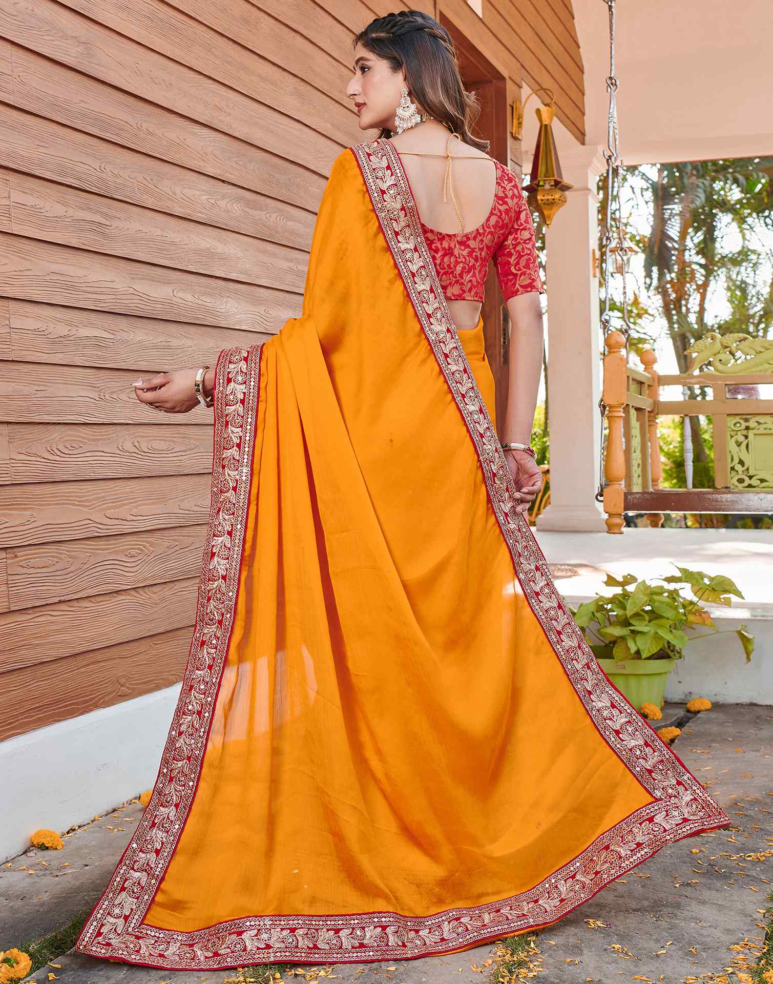 Turmeric Yellow Chiffon Sequence Embroidery Lace Solid Saree