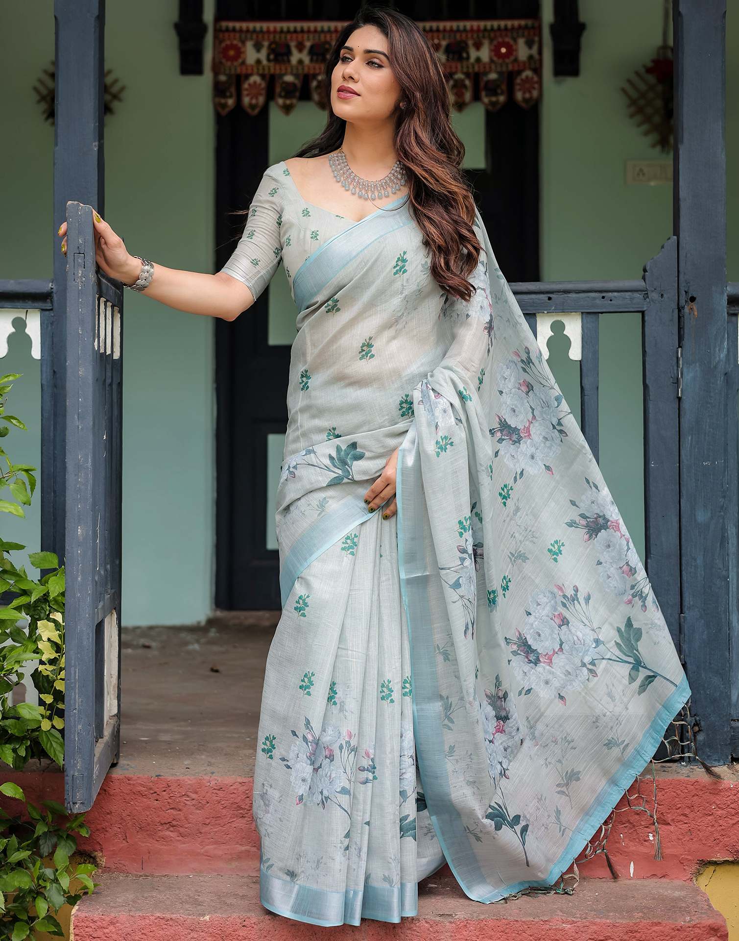 Grey Linen Printed Saree