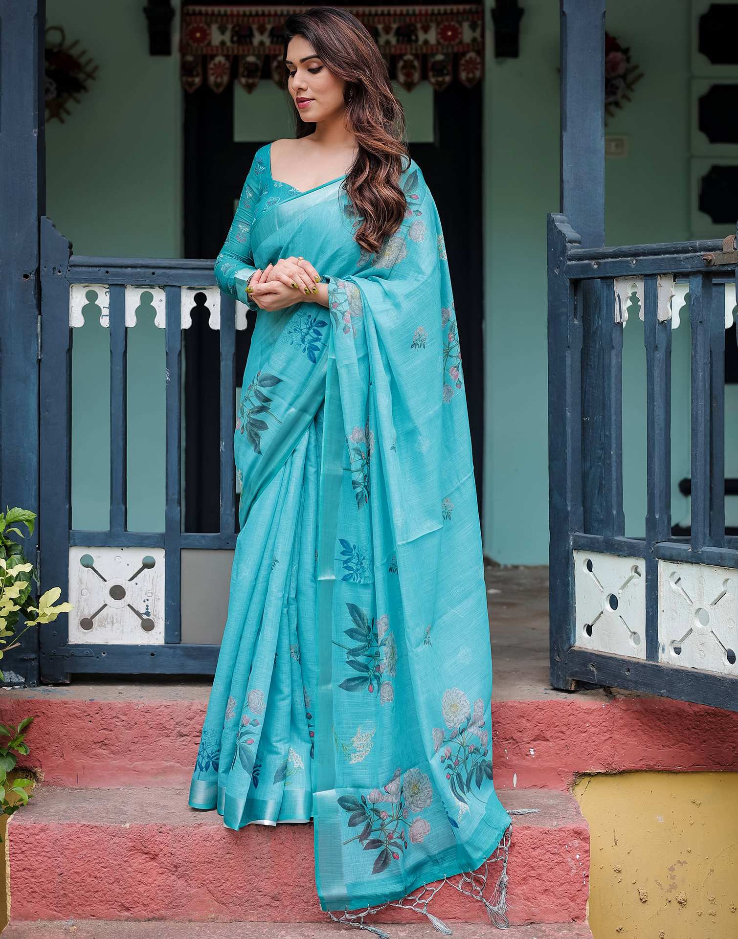 Blue Linen Printed Saree