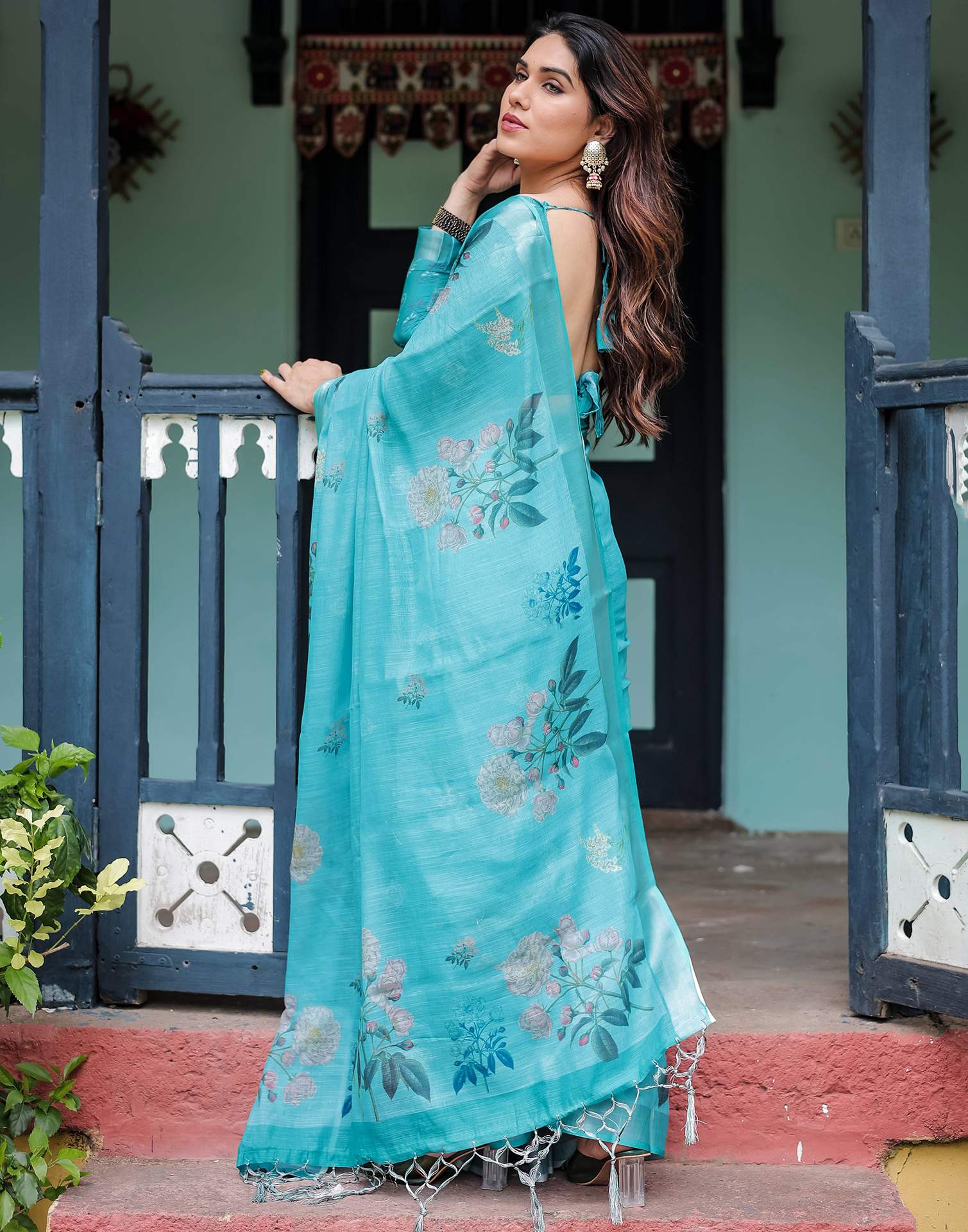 Blue Linen Printed Saree