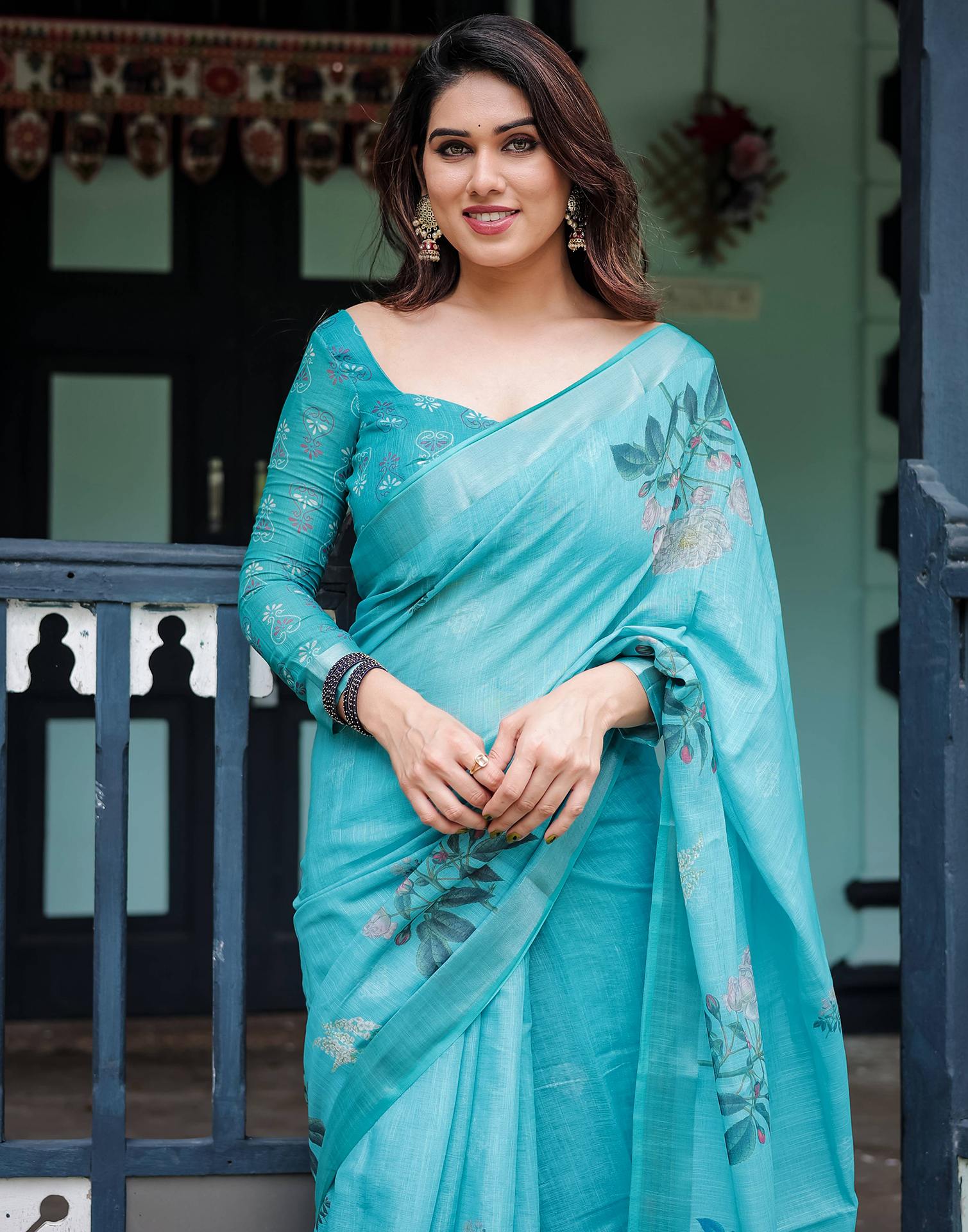 Blue Linen Printed Saree