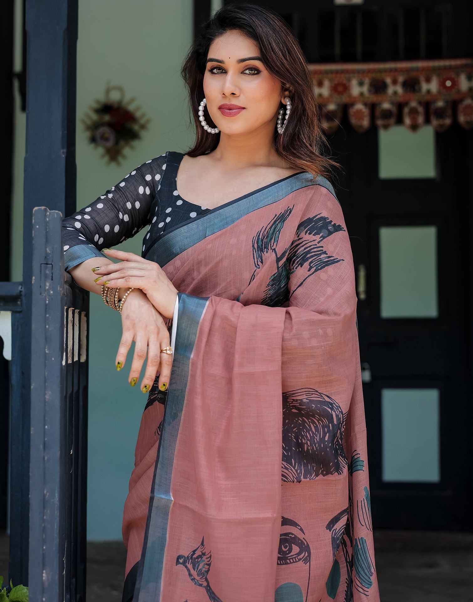 Chestnut Brown Linen Printed Saree