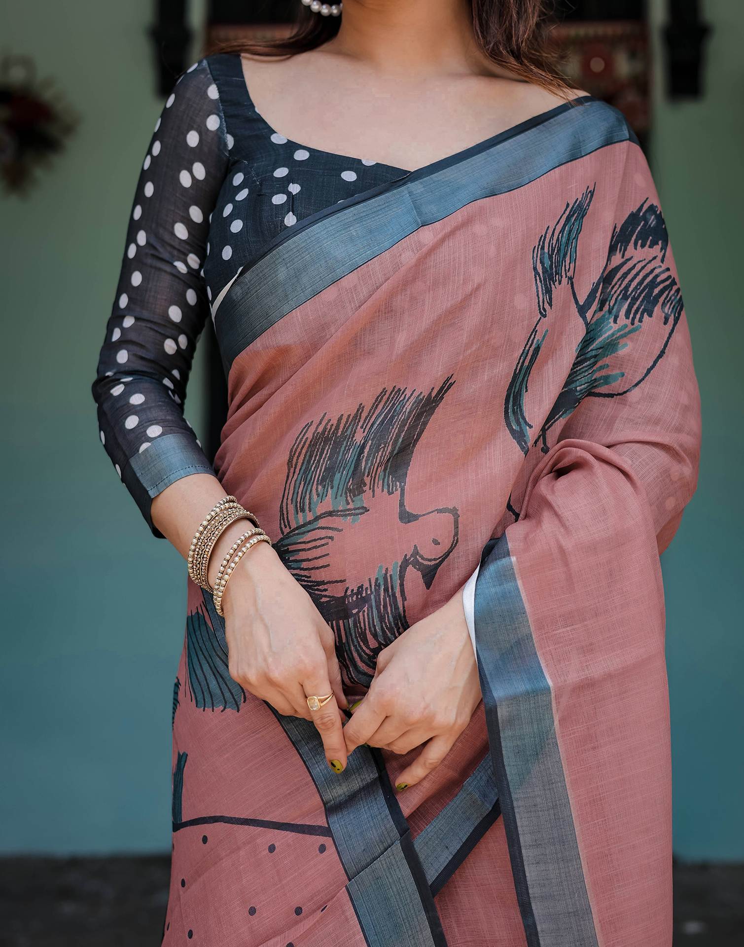 Chestnut Brown Linen Printed Saree