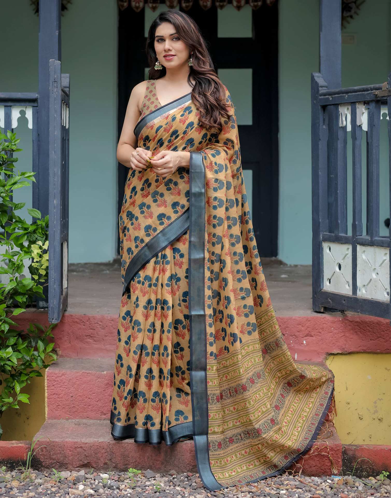 Khaki Linen Printed Saree