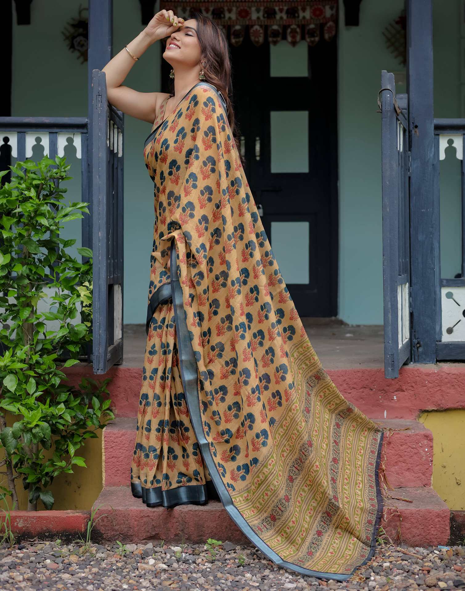 Khaki Linen Printed Saree