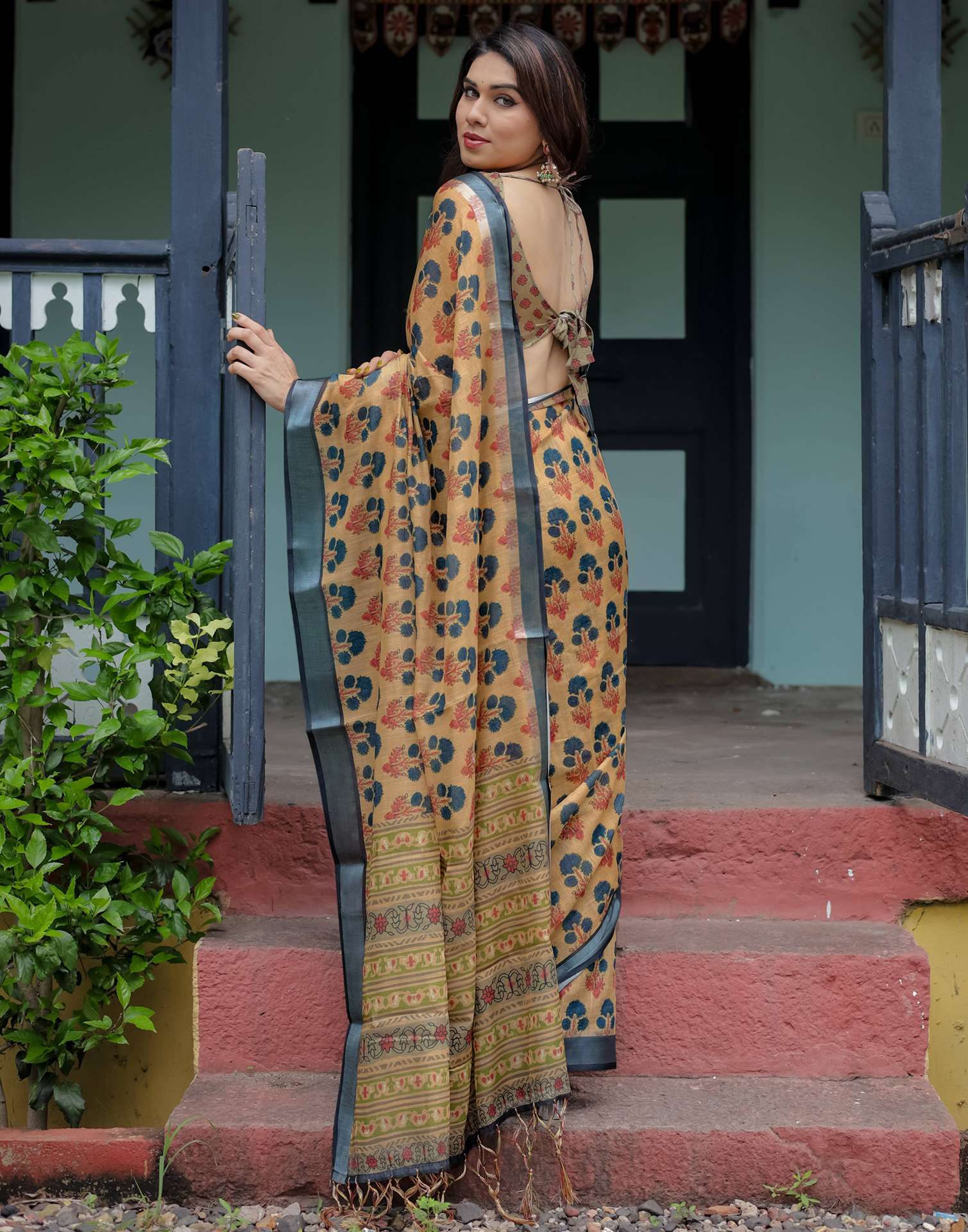 Khaki Linen Printed Saree