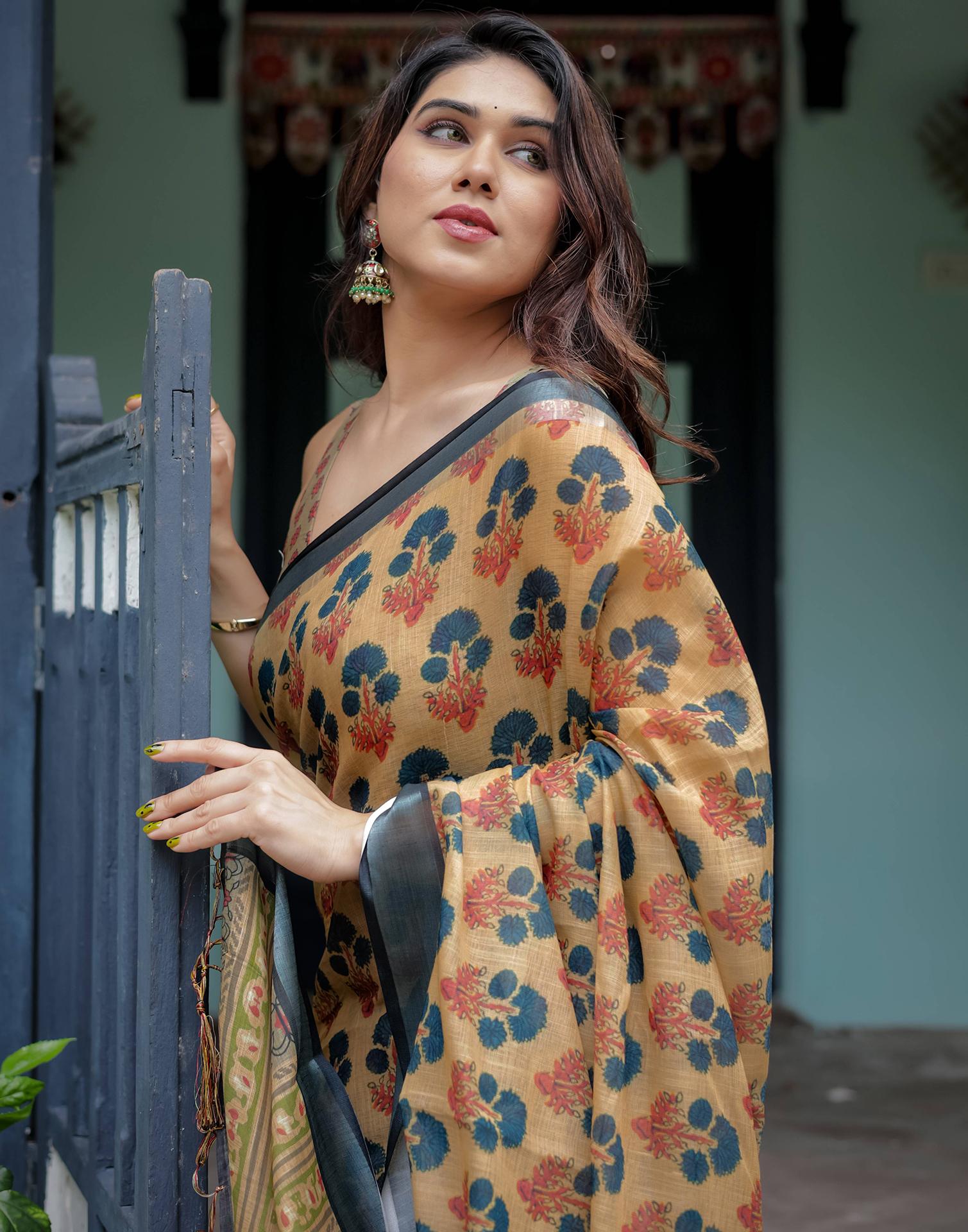 Khaki Linen Printed Saree