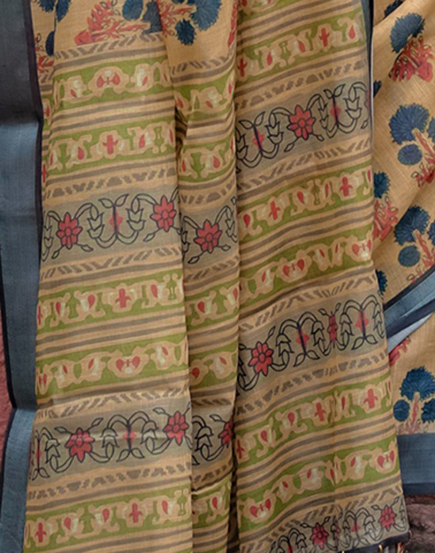 Khaki Linen Printed Saree