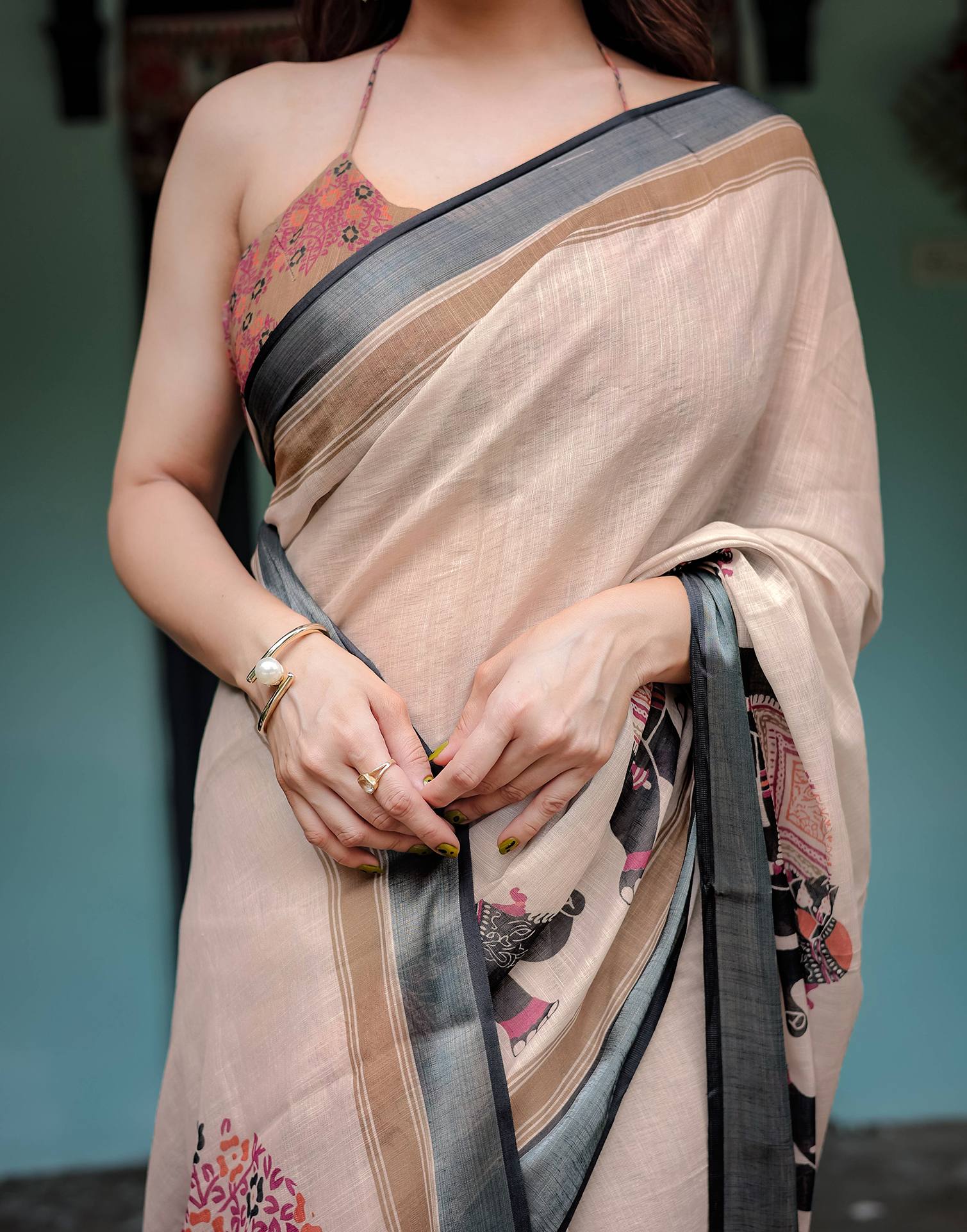Off White Linen Printed Saree