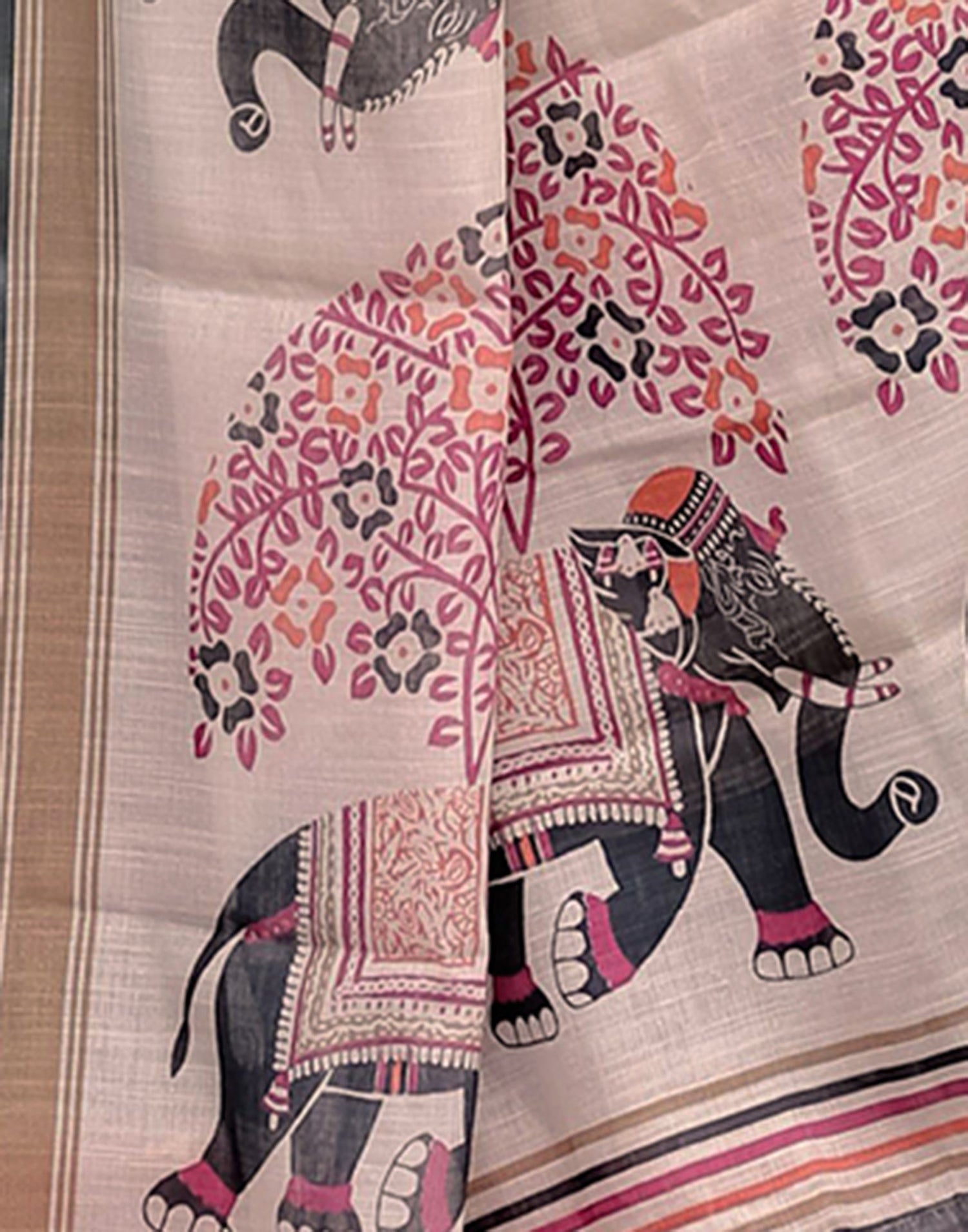 Off White Linen Printed Saree