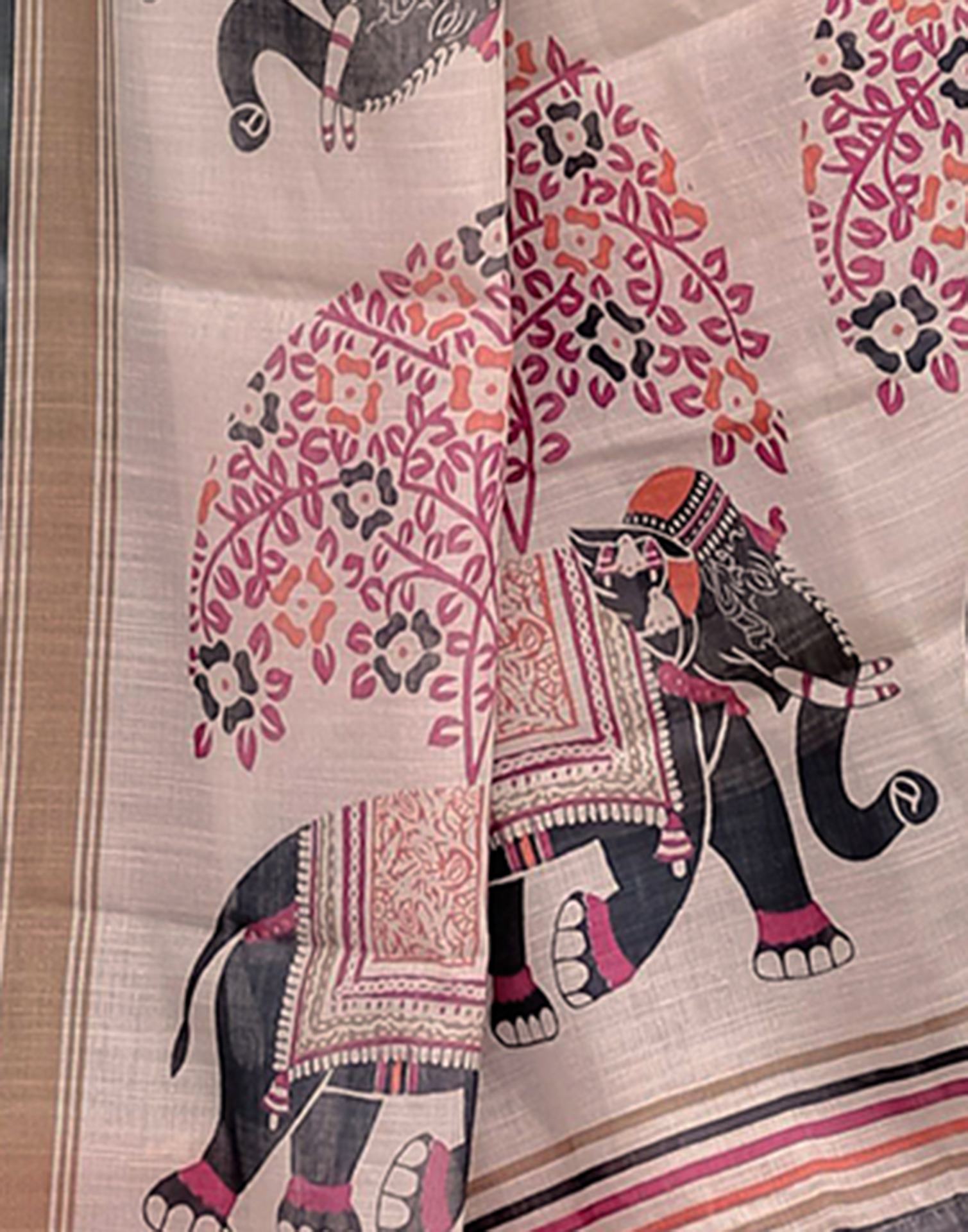 Off White Linen Printed Saree