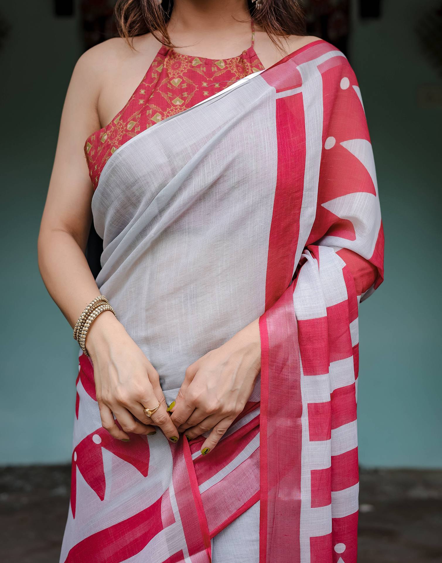 Grey Linen Printed Saree