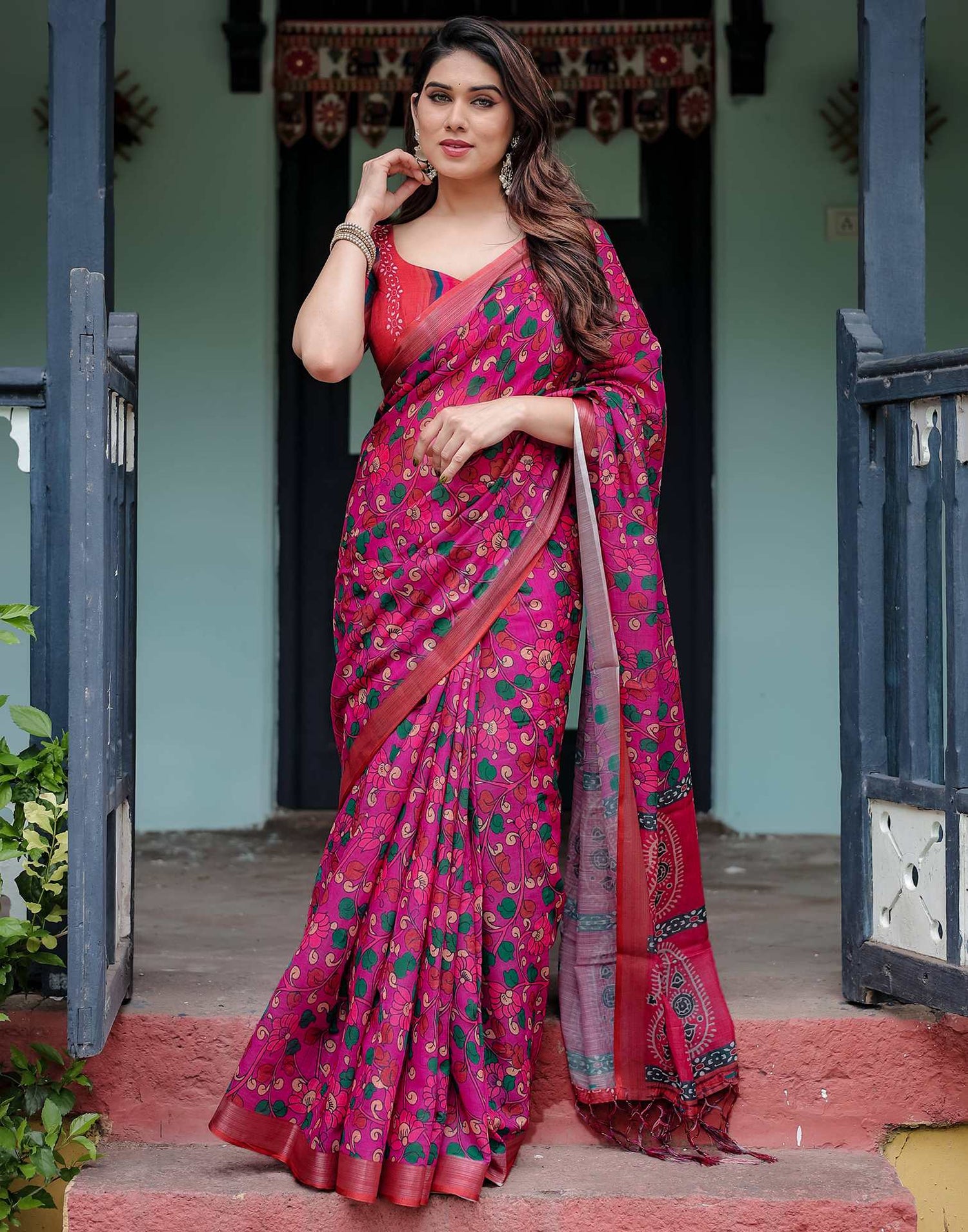Rani Pink Linen Kalamkari Saree