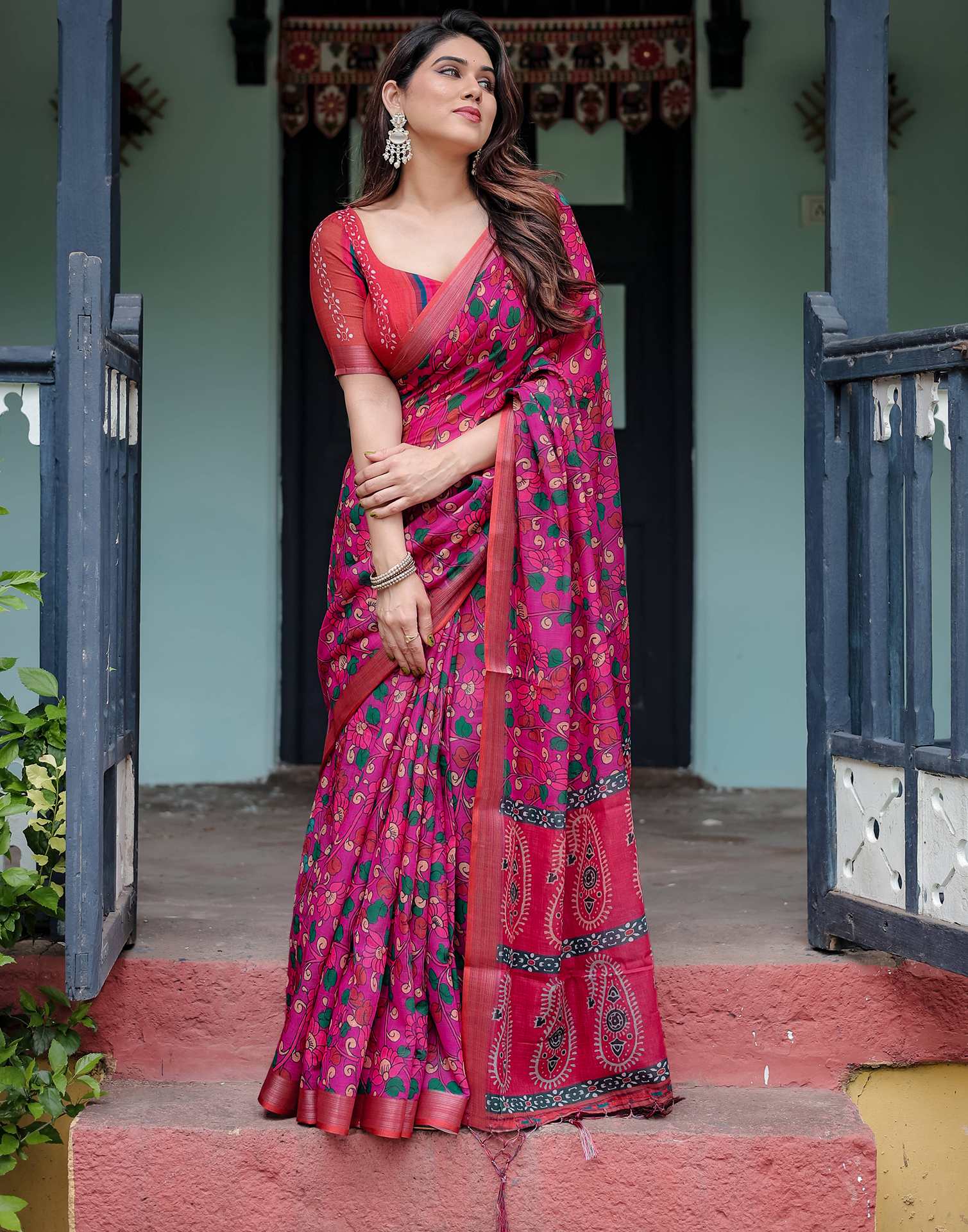 Rani Pink Linen Kalamkari Saree