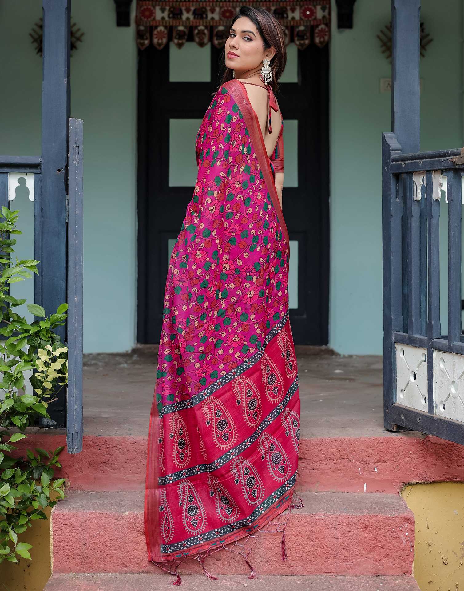 Rani Pink Linen Kalamkari Saree