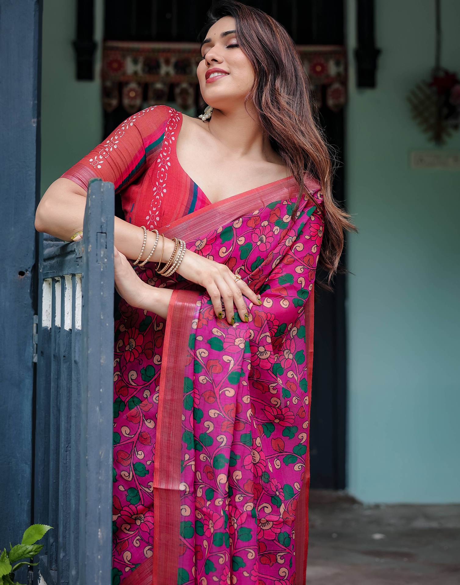 Rani Pink Linen Kalamkari Saree